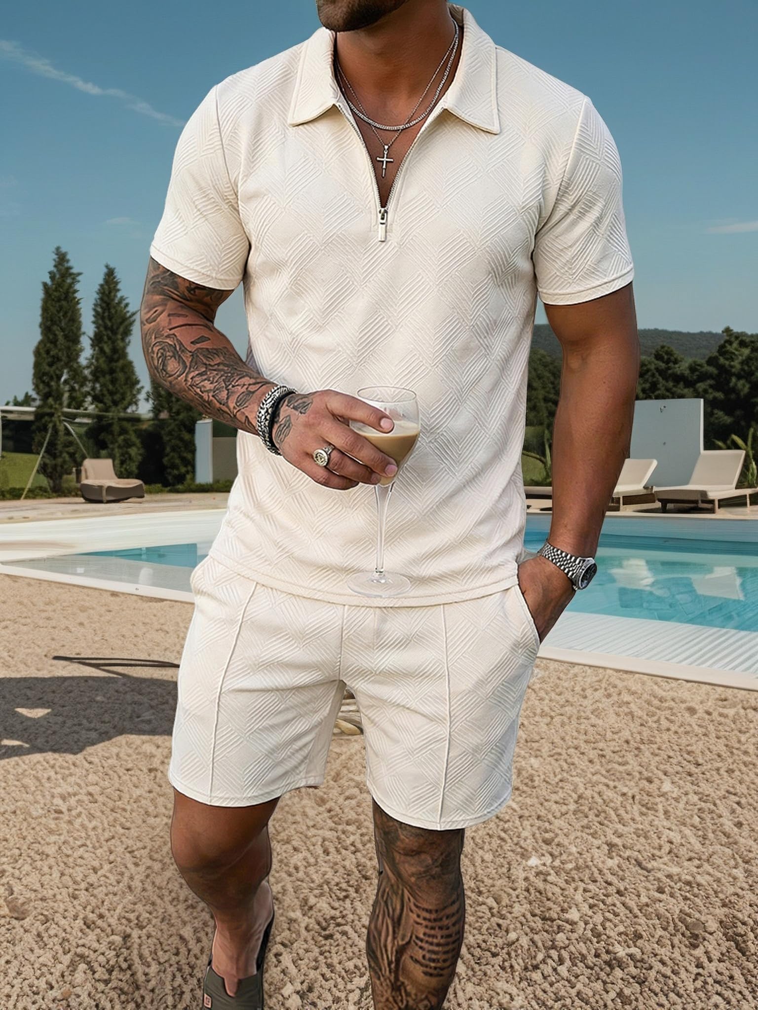 Kgamfar Mens Summer Track Suits 2 Piece Shorts Sets Short Sleeve Sweatsuit casual Outfits Polo Shirts workout,BEIGE,M