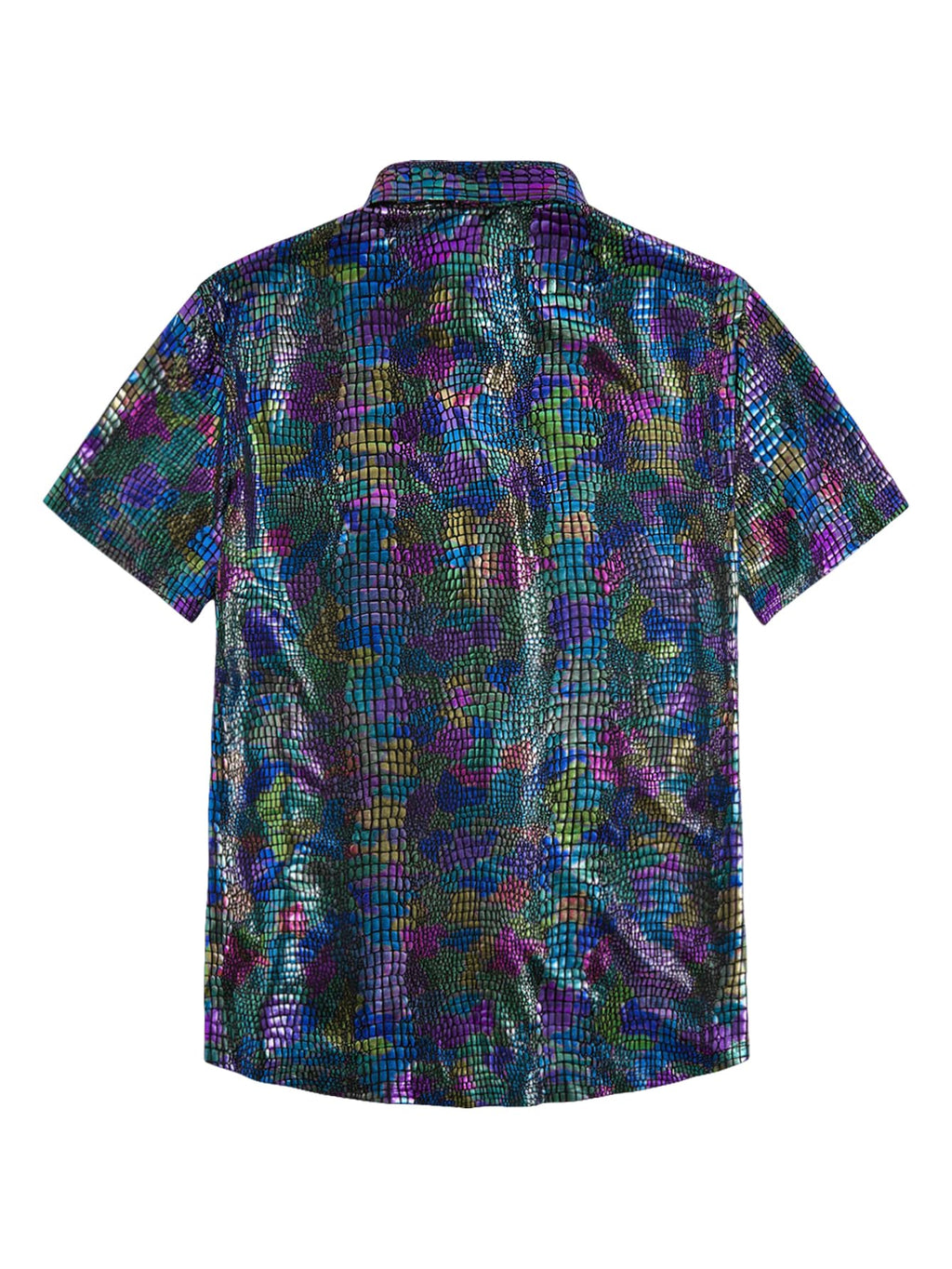 WDIRARA Men's 70s Sparkly Disco Top Crocodile Pattern Metallic Rave Button Down Shirt Short Sleeve Party T Shirt Multicolor Medium