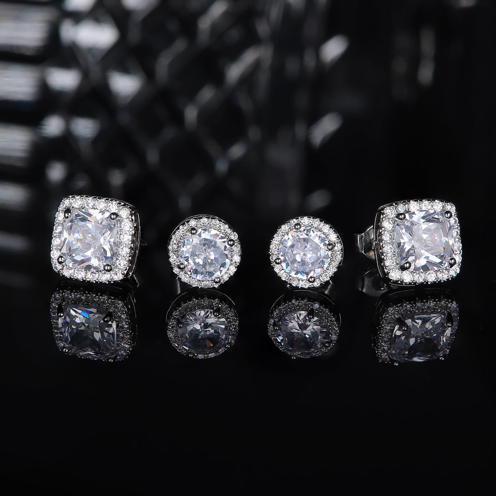 Hayoso 18K Gold Plated Halo Stud Earrings 925 Sterling Silver Cubic Zirconia Stud Earrings Round Square Diamonique Stud Earrings Set for Women Men - Silver