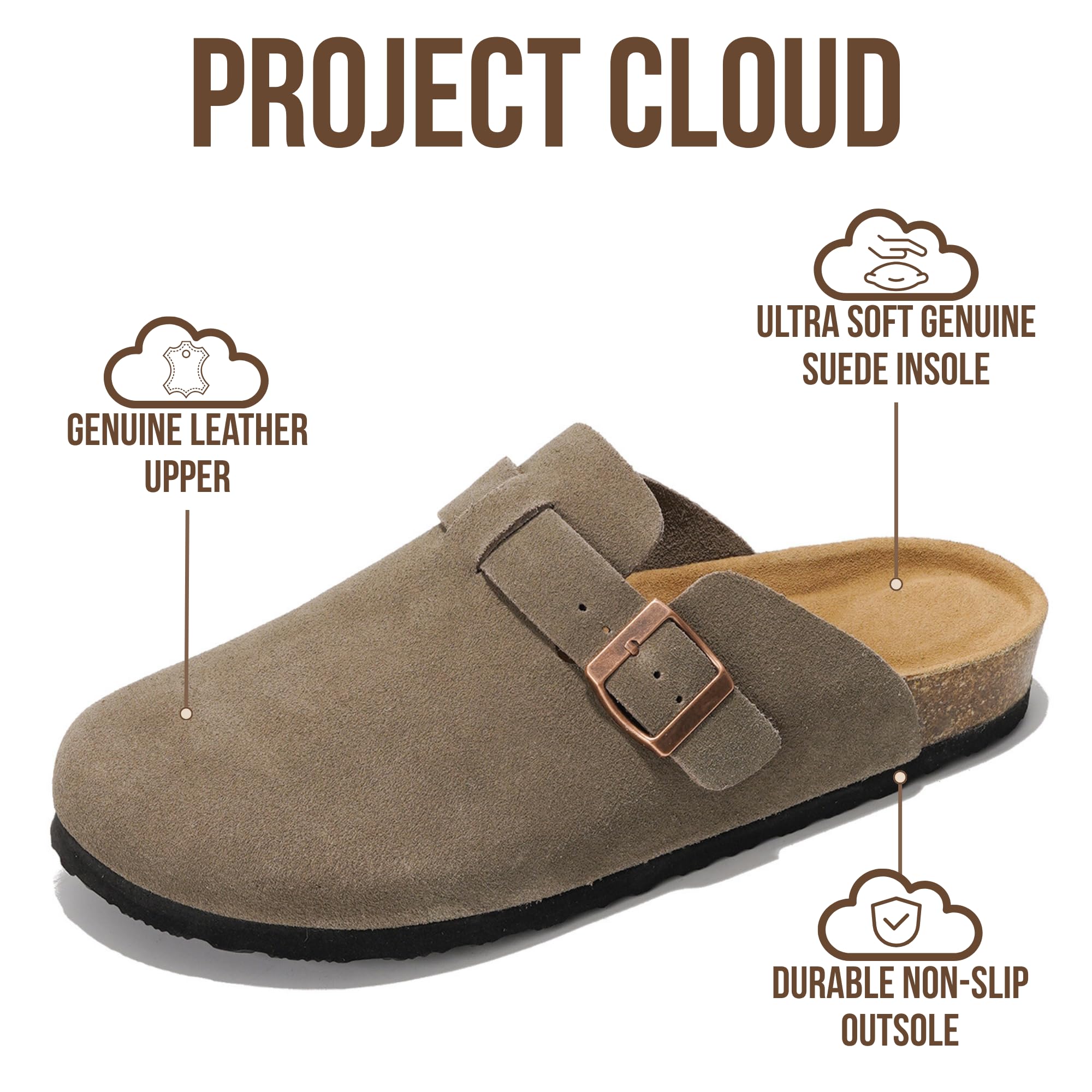 Project Cloud Mens Clogs - 100% Full Grain Genuine Leather Clogs for Men with Memory Foam Insole and Arch Support Natural Cork Footbed - Non Slip Mules Mens Slippers (Brooklyn, TAUPSUEDE, 11)