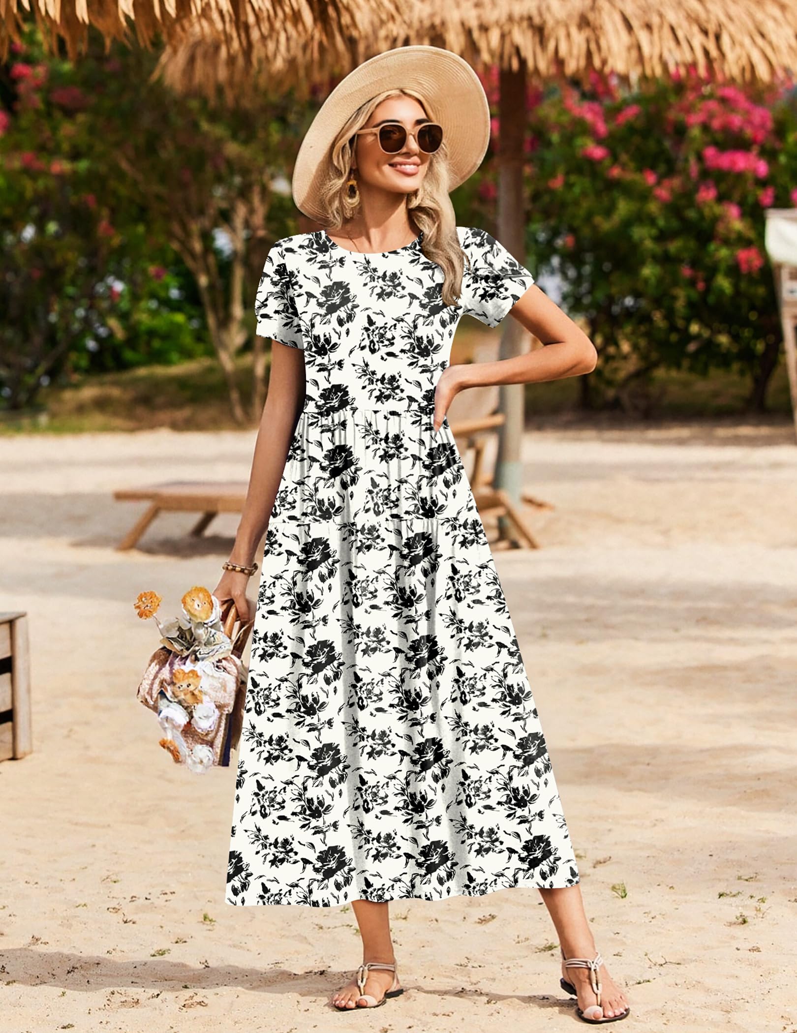Zeagoo Plus Size Dresses for Wedding Guest Summer Petal Sleeve Loose Round Neck Floral Dress White Black Floral 3XL