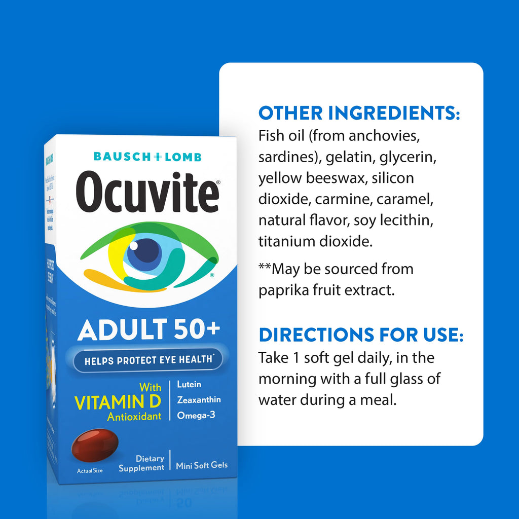 Ocuvite 50+ Eye Vitamin & Mineral Supplement, Multivitamin for Vision & Ocular Health with Omega-3, Zinc, Vitamins C & E, Lutein & Zeaxanthin, Zinc Supplements for Women and Men, 90 Softgels