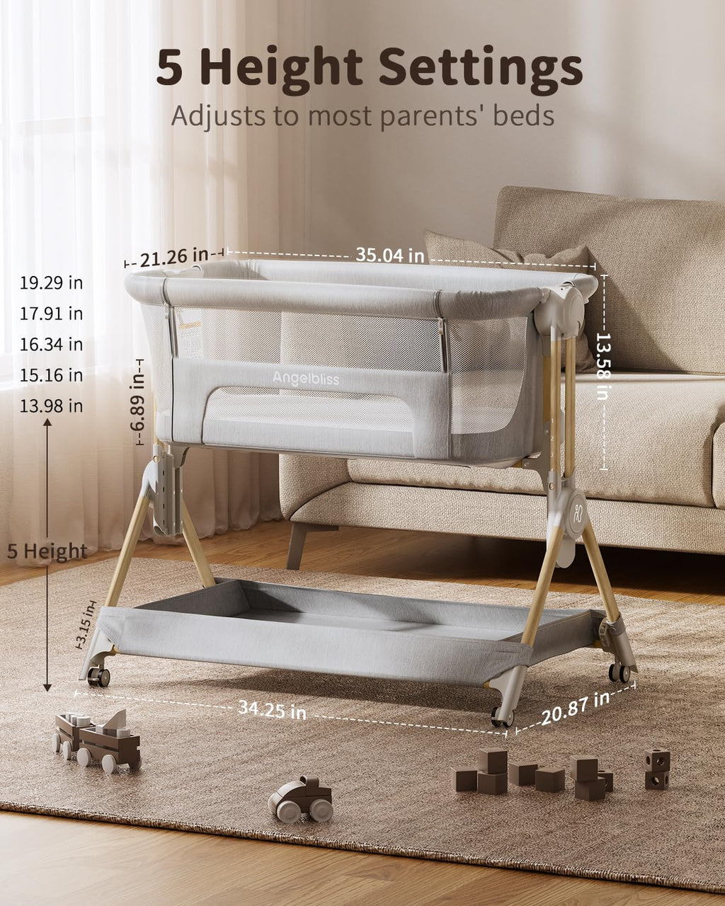 ANGELBLISS Baby Bassinet, 3-in-1 Bedside Bassinet for Baby, One-Touch Foldable Baby Crib for Newborn with Full-Mesh Sides & Adjustable Height, Mattress & Storage Bag