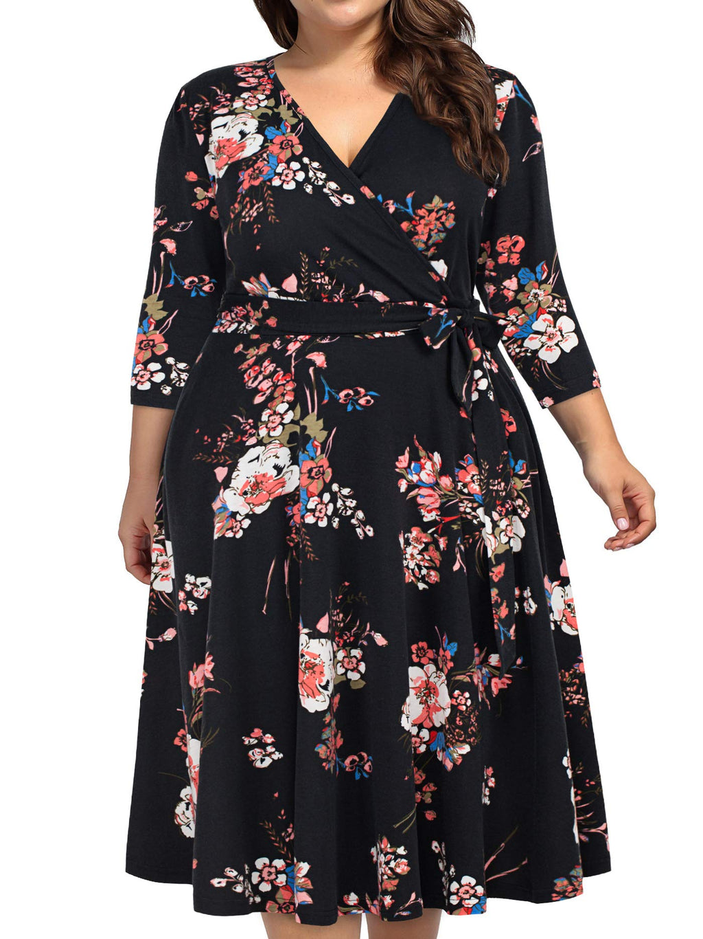 kissmay Plus Size Dresses for Women, Womens Dresses for Wedding Guest Christmas Ruffle Floral Midi Dresses Black Burgundy 22 Plus