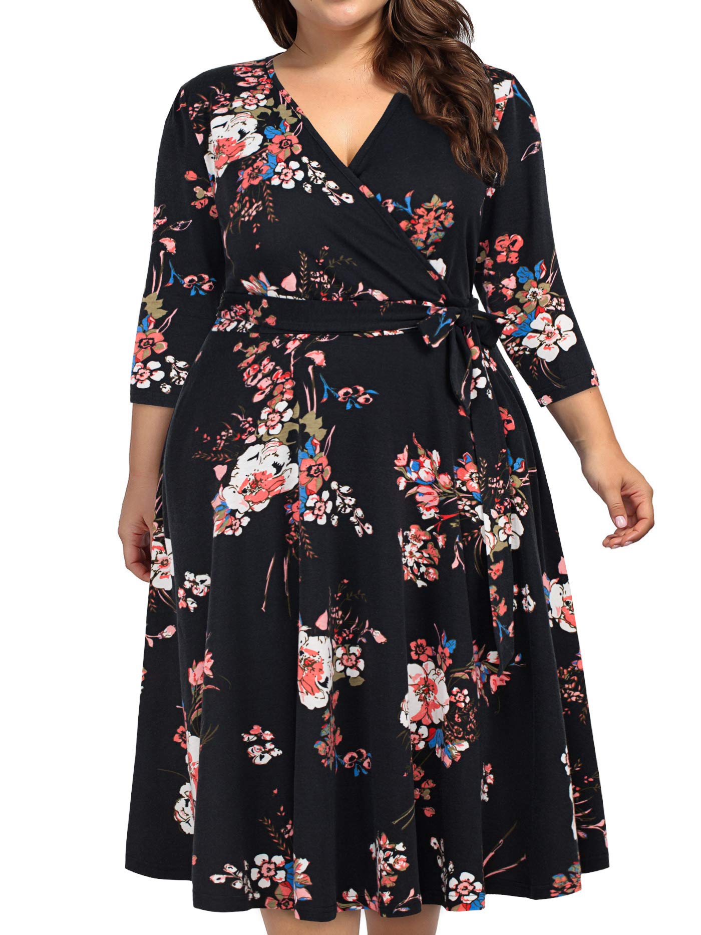 kissmay Plus Size Dresses for Women, Womens Dresses for Wedding Guest Christmas Ruffle Floral Midi Dresses Black Burgundy 22 Plus