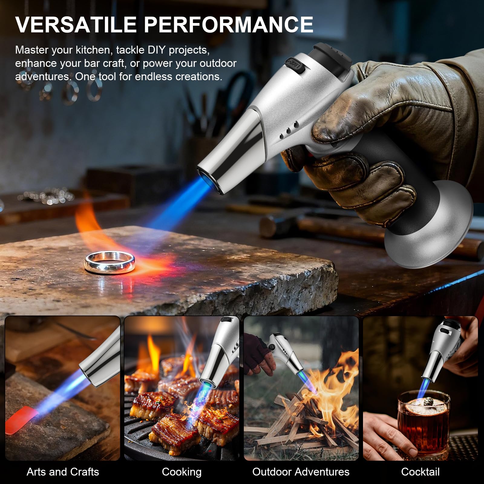 TBTEEK Butane Torch, Kitchen Torch Cooking Torch with Safety Lock & Adjustable Flame for Cooking, BBQ, Baking, Brulee, Creme, DIY Soldering(Butane Not Included)