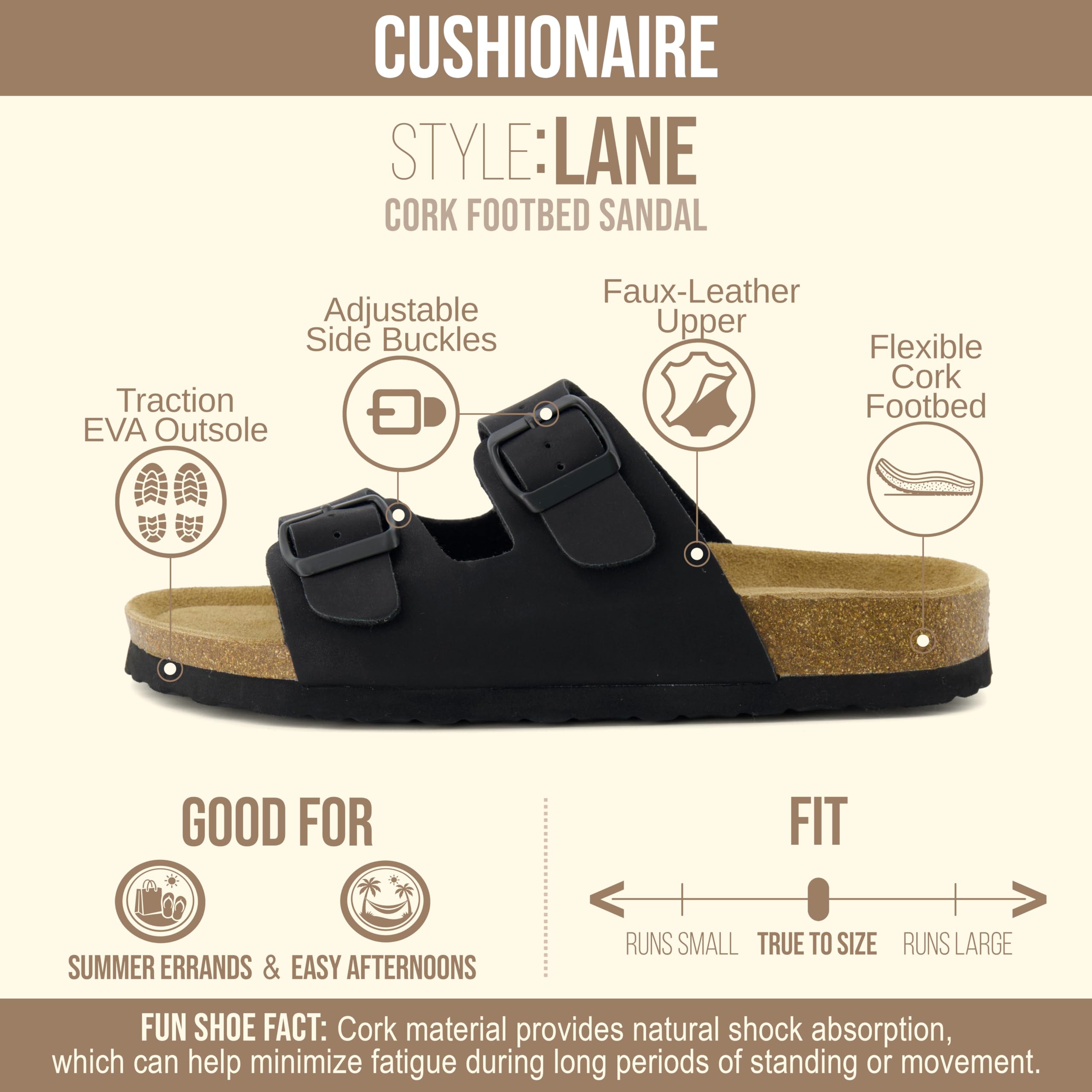 CUSHIONAIRE Lane Cork Footbed Sandals for Women – Comfortable Double Buckle Slip-On with Genuine Suede Footbed & Arch Support Slides for Women Footwear, BLACK 8.5
