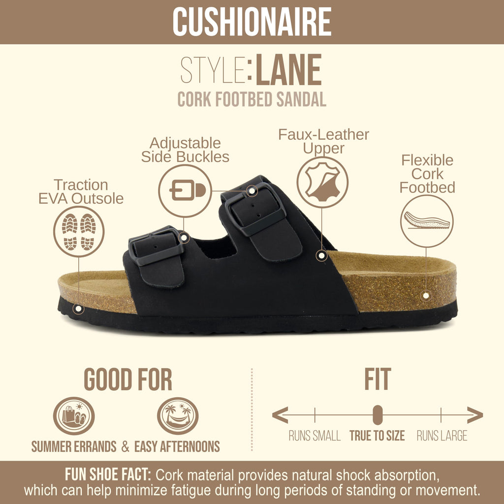 CUSHIONAIRE Lane Cork Footbed Womens Sandals Comfortable Double Buckle Slip On Sandals for Women with Arch Support and Classic Two Strap Design, BLACK 6.5
