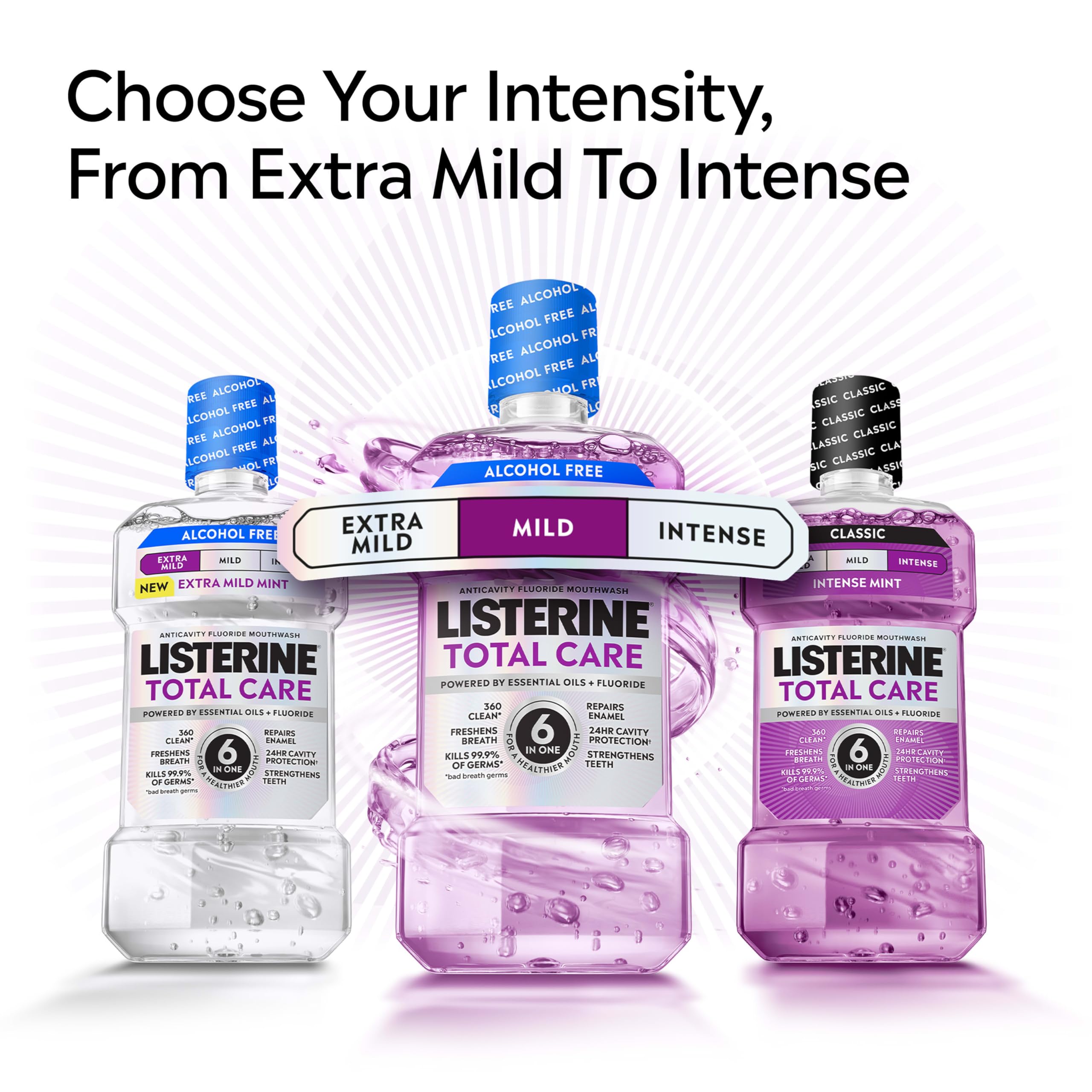 Listerine Total Care Alcohol-Free Mild Mouthwash, 6 Benefit Oral Rinse to Help Kill 99.9% of Germs That Cause Bad Breath, Strengthen Enamel, Mild Mint Flavor, 500 mL