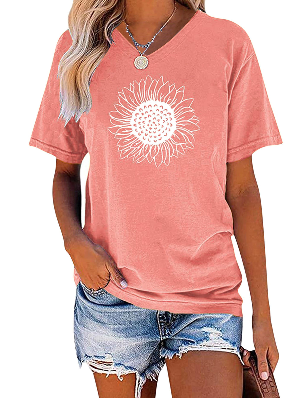 EADINVE Women's Summer Short Sleeve Cute Sunflower Graphic Printed Tee Vintage T Shirt Cotton Tops Novelty Cool Shirts