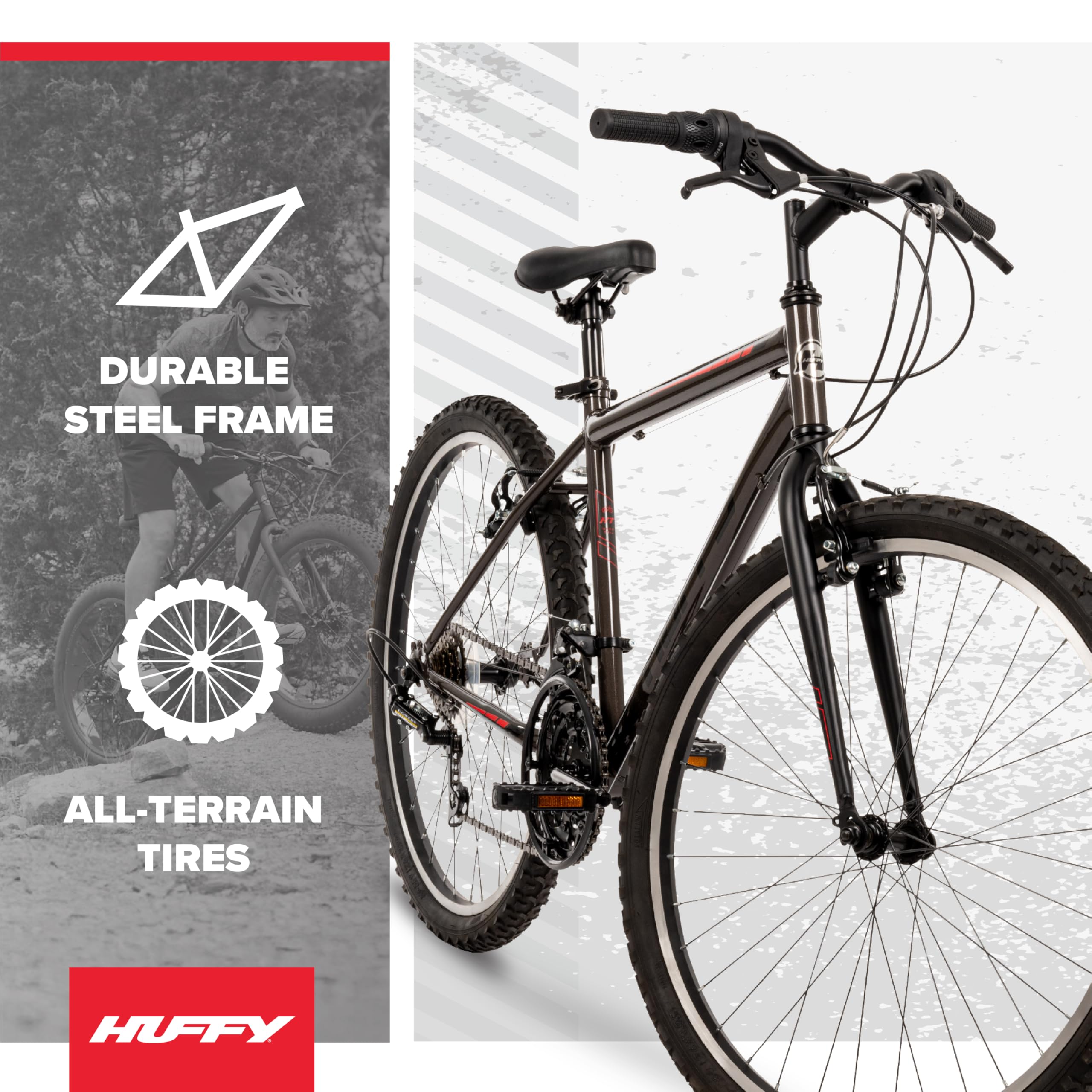Huffy North Peak 26-Inch Men's Mountain Bike, Durable Hi-Ten Steel Frame, 15-Speed Twist Shifter, Front and Rear Linear-Pull Brakes, All-Terrain Tires, Padded ATB Saddle