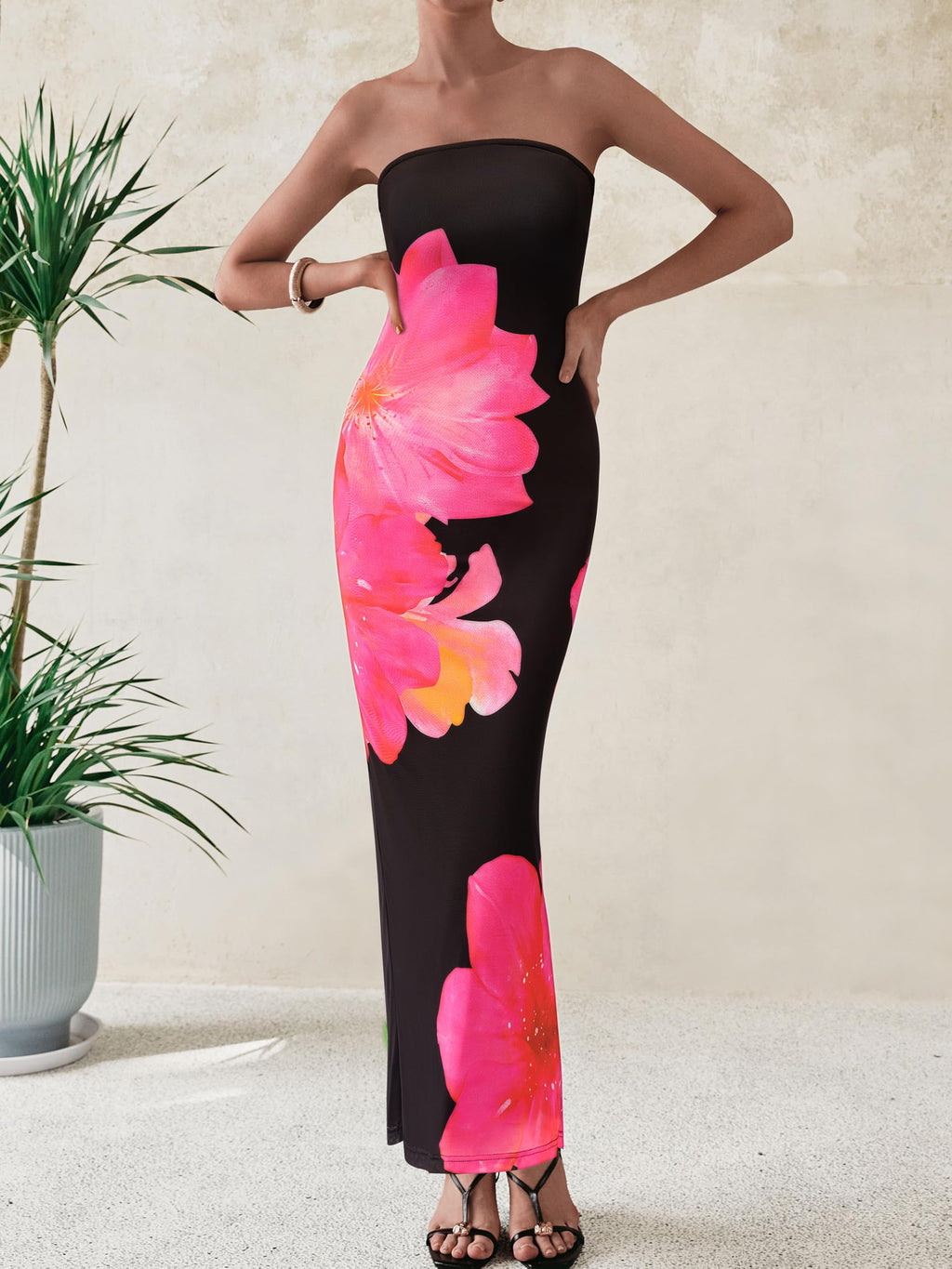 PRETTYGARDEN Women Summer Strapless Maxi Dress Bodycon Floral Sexy Long Wedding Guest Dress Formal Tube Mesh Cocktail Dresses(Black Pink Flower,Medium)