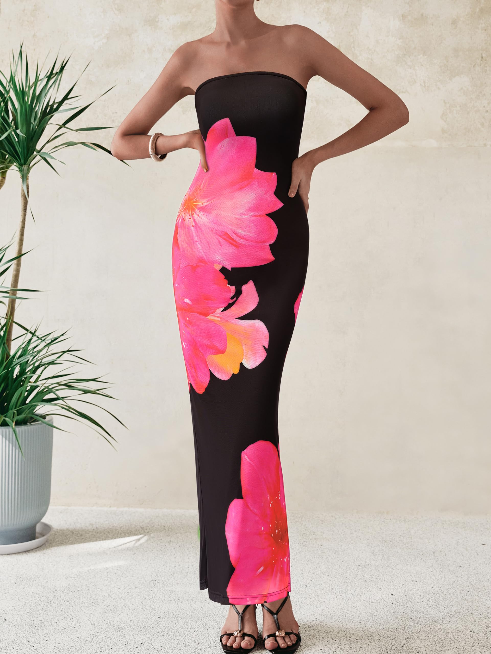 PRETTYGARDEN Women Summer Strapless Maxi Dress Bodycon Floral Sexy Long Wedding Guest Dress Formal Tube Mesh Cocktail Dresses(Black Pink Flower,Medium)