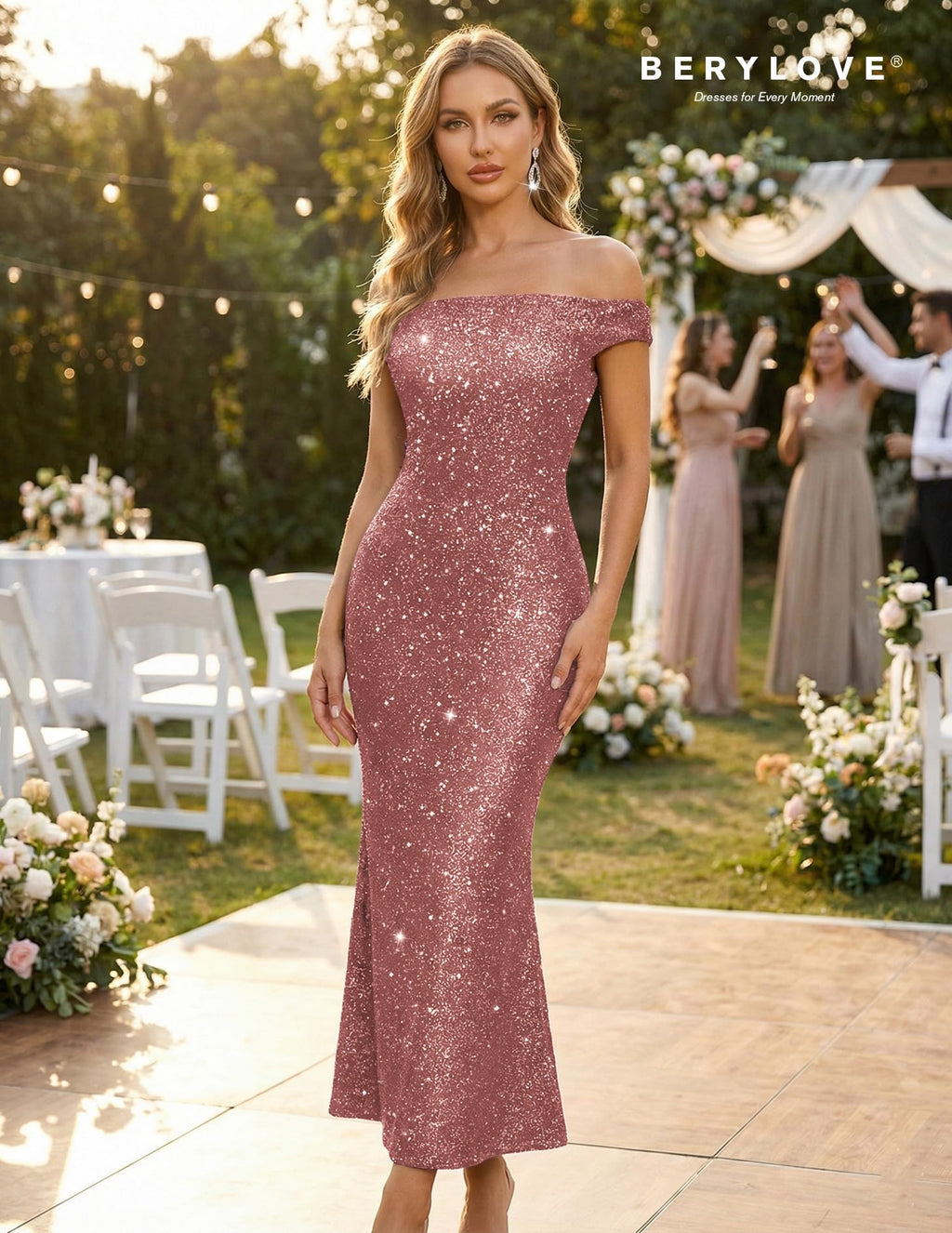 BeryLove Cocktail Formal Wedding Guest Sequin Gown Prom Midi Evening Party Bodycon Sparkle Dresses Ruched Christmas Sleeveless Long Dress 0035 Blush S