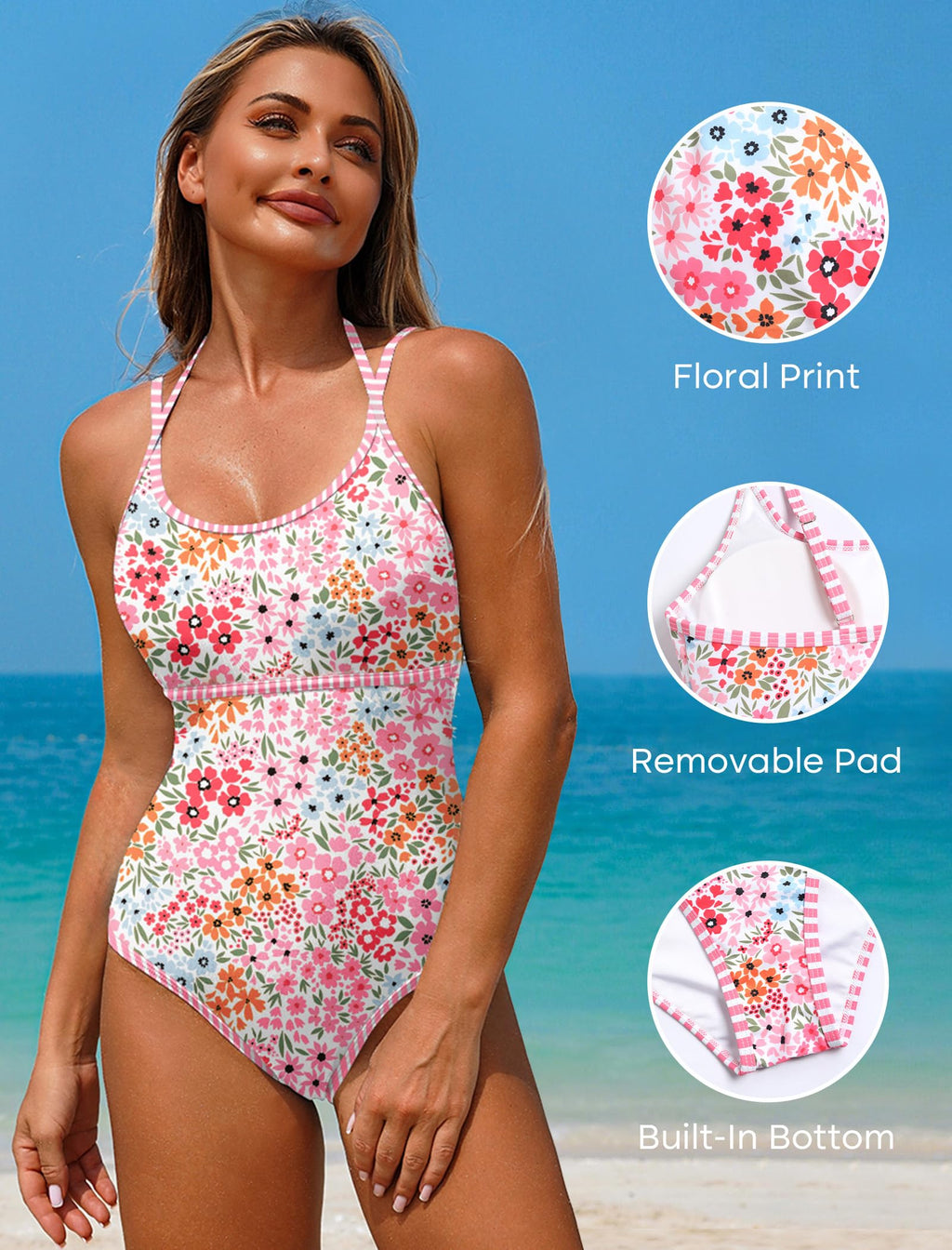 ZAFUL Tummy Control Swimsuits for Women 1 Piece Bathing Suits High Cut Full Coverage Slimming Swimsuit Adjustable Strap Sexy Swimwear Cute Floral Printed Halter Push Up Swim Suit 2025 Pink Floral,M