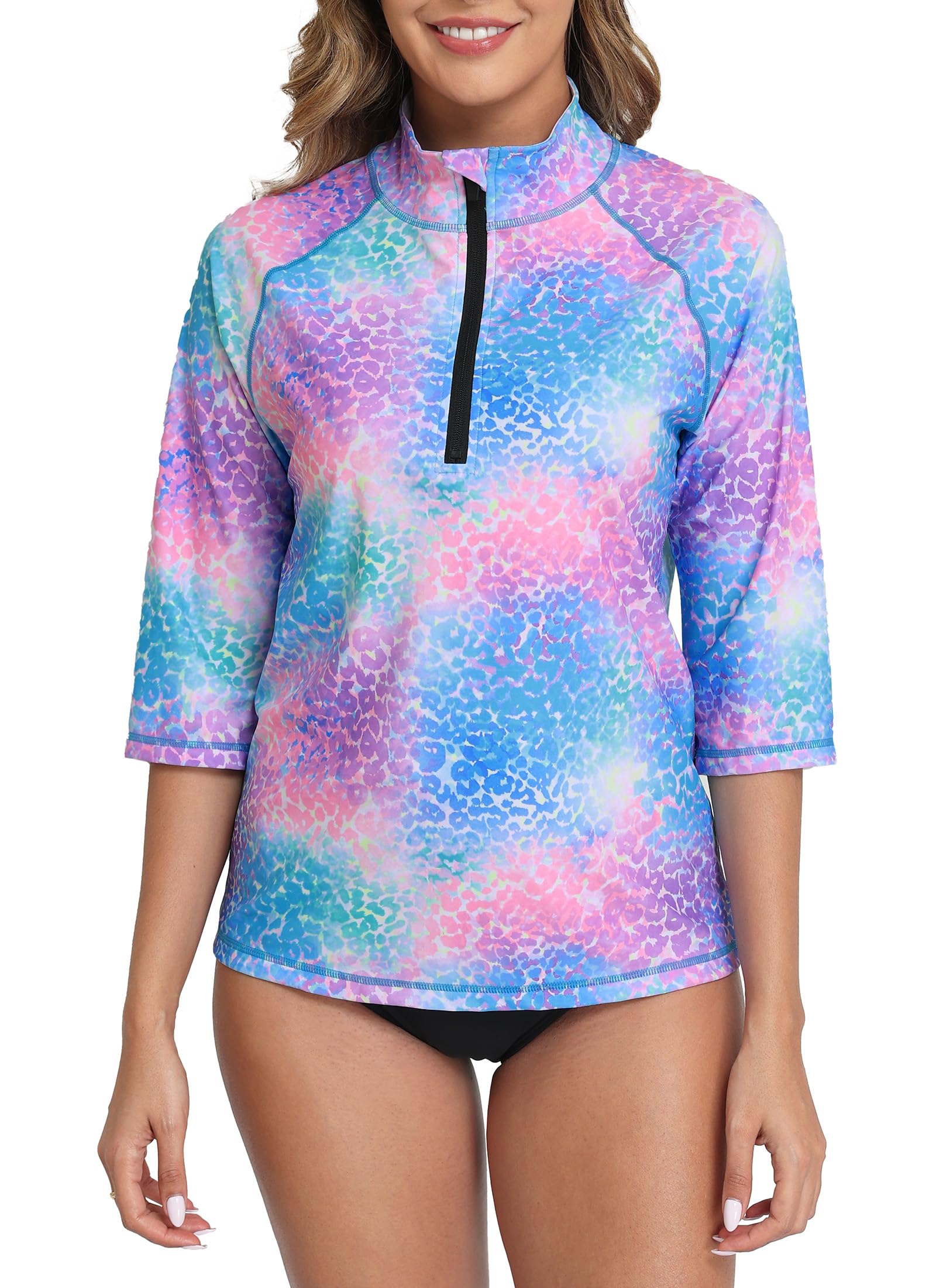 Halcurt Women's 3/4 Sleeve Rash Guard Swimsuit Top High Neck Half Zip Swim Shirt Only UPF50+ Quick Dry Bathing Suit Leopard M