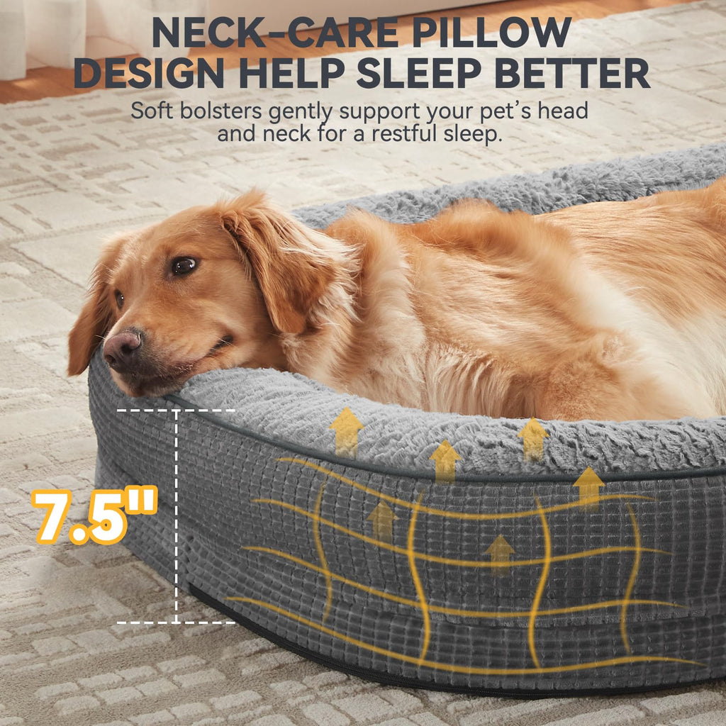 JOEJOY Orthopedic Dog Beds Large Sized Dog, XL Egg-Crate Memory Foam Pet Couch Bed with Bolster Sides, Waterproof Lining, Removable Washable Cover & Non-Slip Bottom, Grey