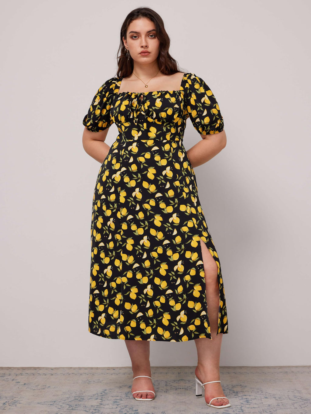 CIDER Women's Plus Size Dress Floral Fruit Square Neck Puff Sleeve Split Sun Dress Summer Midi Dresses Vacation Outfits Black