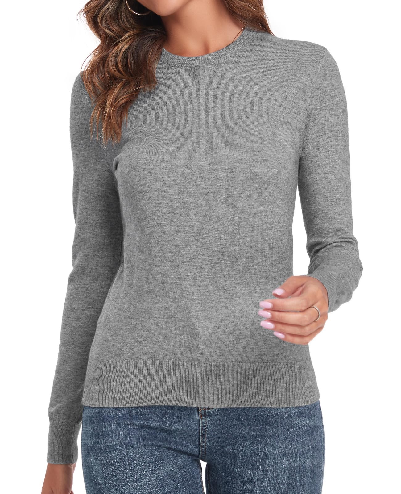 QUALFORT Women's Grey Sweaters Crewneck Knitted Pullovers Medium