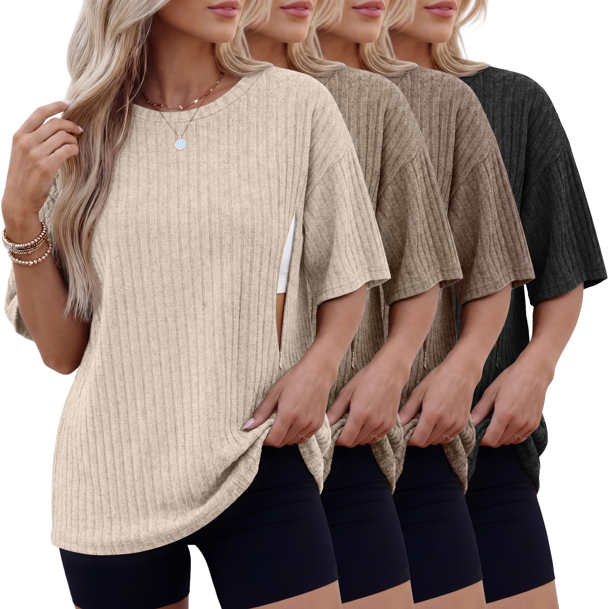 Huukeay 4 Pack Women's Nursing Shirts for Breastfeeding Oversized Short Sleeve with Hidden Zipper Maternity Ribbed Sweaters(XX-Large,Cream, Khaki, Light Coffee, Black)