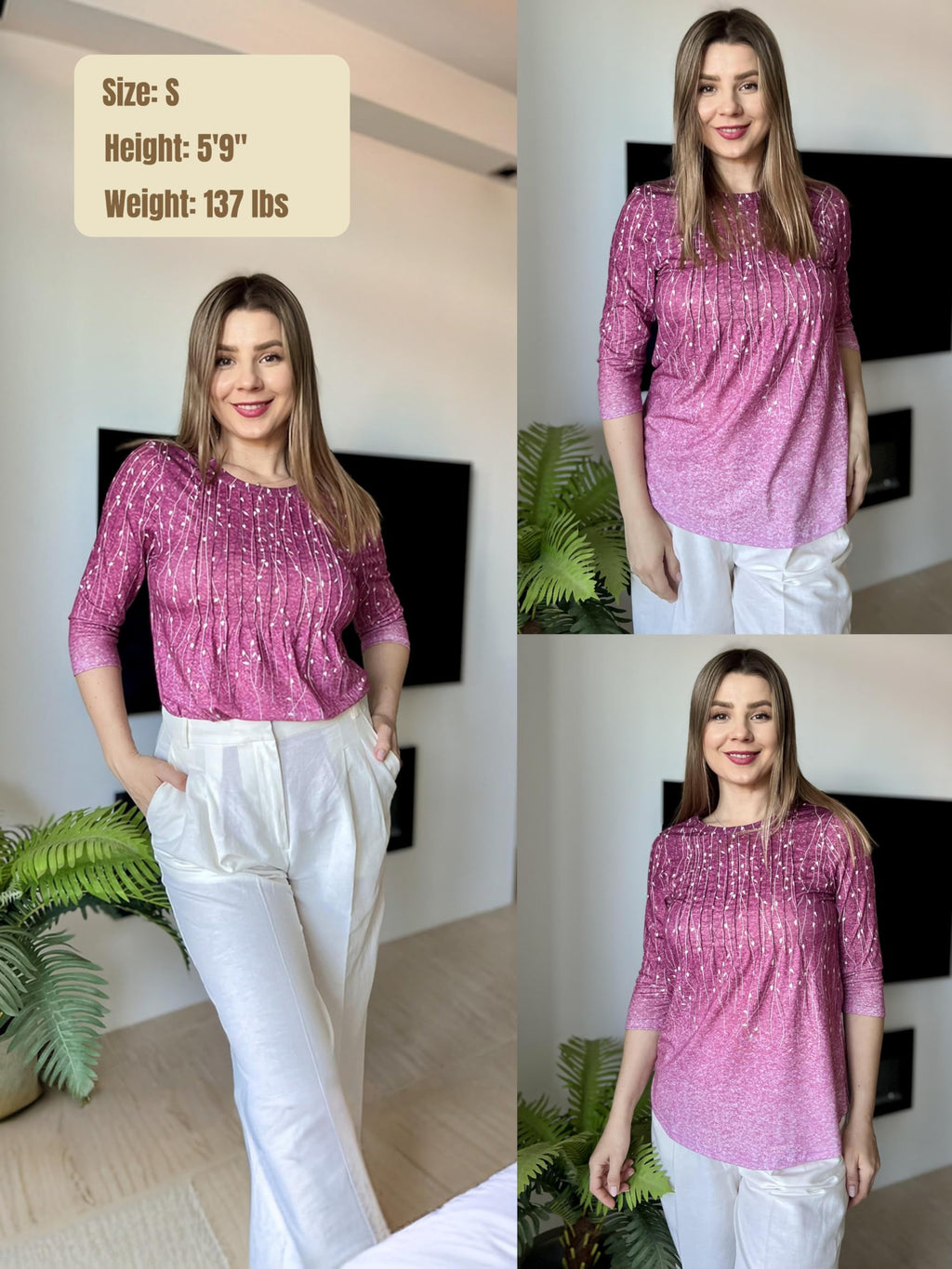 Zeagoo Womens 3/4 Length Sleeve Tops Dressy Casual Crewneck Tunics Leaves Print Pleated Blouses Going Out Cute Summer Shirts