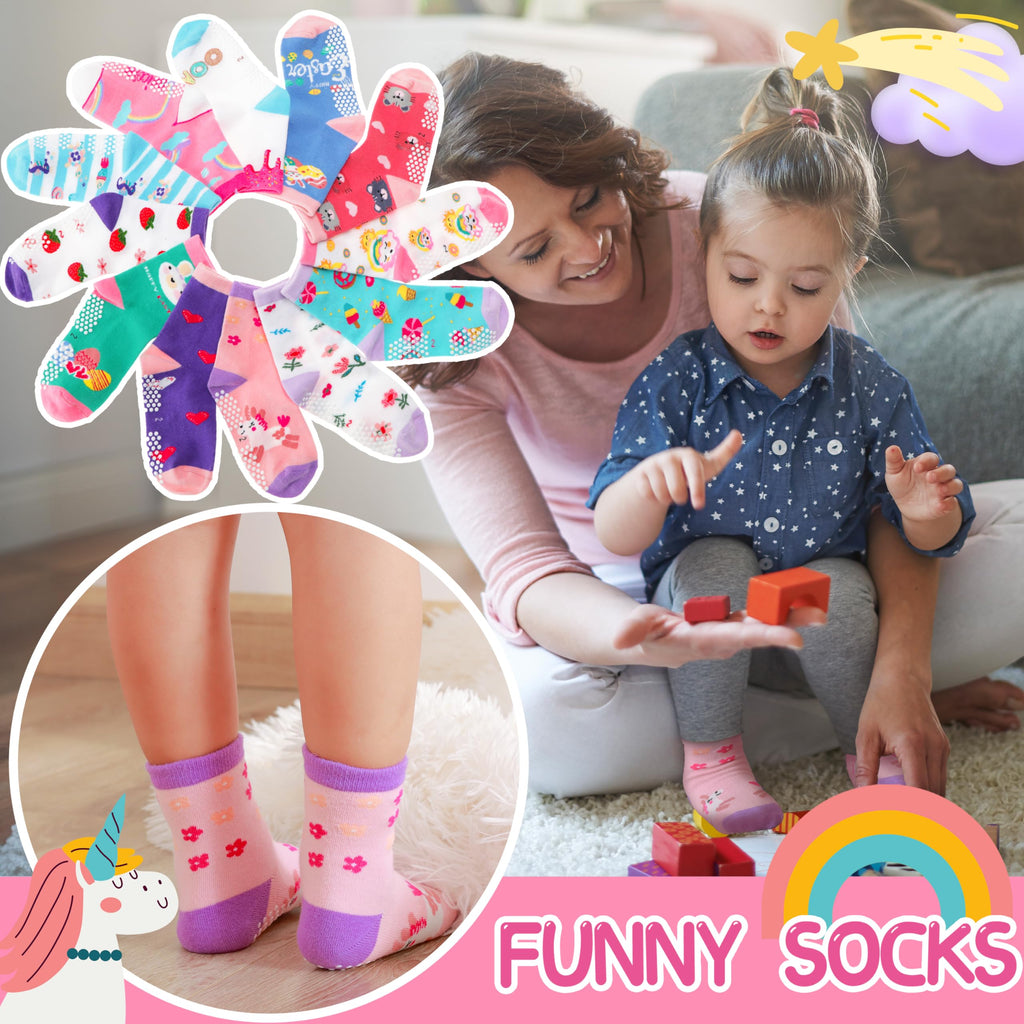Welwoos Baby Girls Toddlers Grips Socks Kids Non Slip Anti Skid Funny Animal Cartoon Gift Cotton Socks with Grippers 12 Pairs Stocking Stuffers (Flower,5-8 Y)