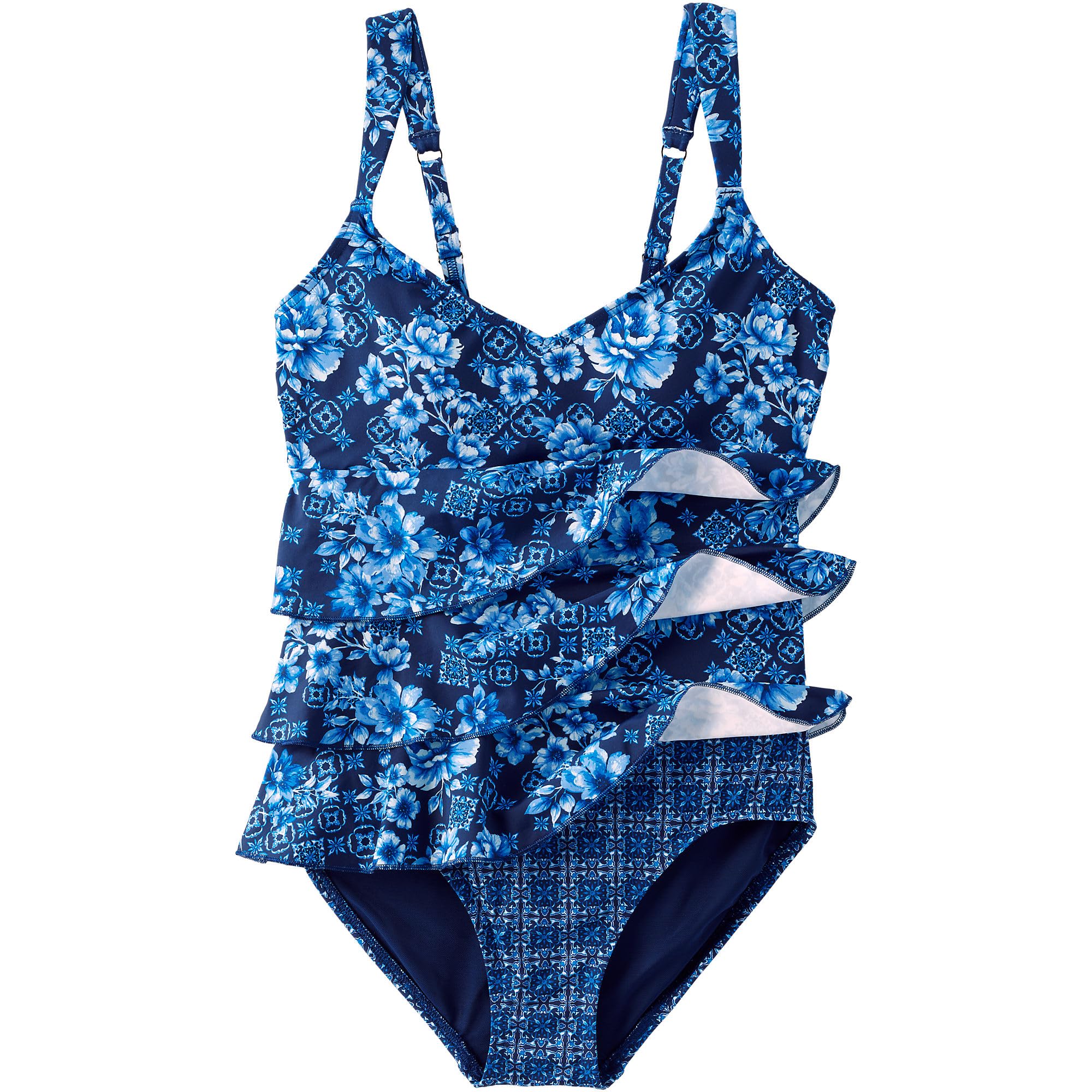 Lands' End Women's Ruffle Fauxkini One Piece Swimsuit 2 Navy Mosaic Floral/Tile Mix