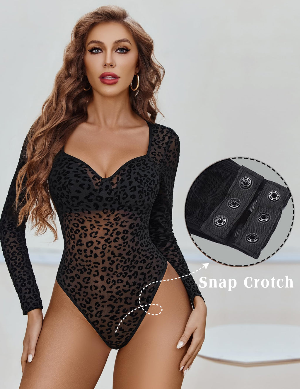 Avidlove Long Sleeve Bodysuit for Women V Neck Sheer Mesh Body Suits Leotards Going Out Tops (Black Leopard, Large)