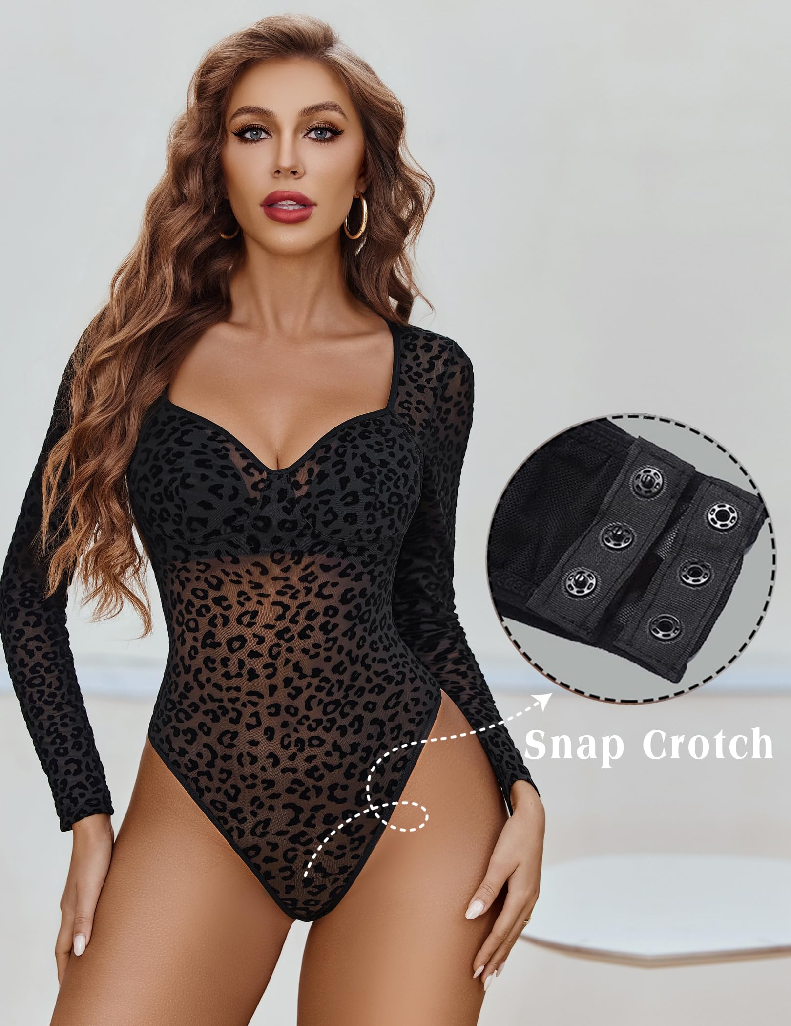 Avidlove Long Sleeve Bodysuit for Women V Neck Sheer Mesh Body Suits Leotards Going Out Tops (Black Leopard, Large)
