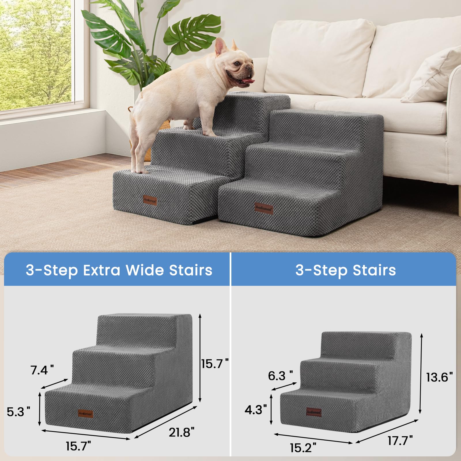 Aodisman Dog Stairs for Small Dogs, 3-Step Non-Slip Pet Stairs for Couch Sofa and Chair, Dog Bed Stairs for Puppy, Older Cat,Grey,13.6" H