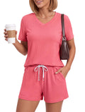 PATPAT Womens Ribbed Knit Pajamas Sets 2 Piece Lounge Sets Casual Pjs Hot Pink, M