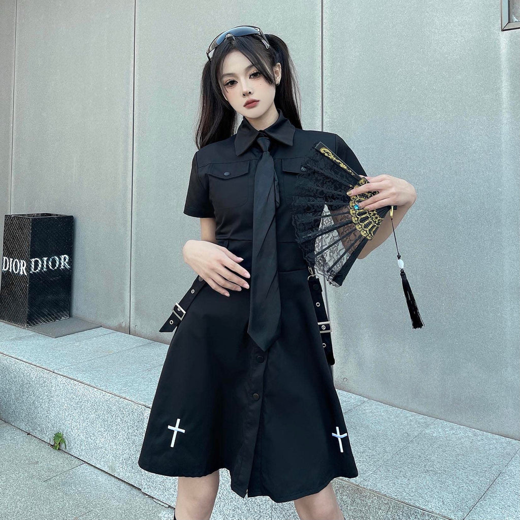 Gothic Black Summer Academy Tie Cross Black Retro Dress Harajuku Dress Emo Clothes (L,Large)