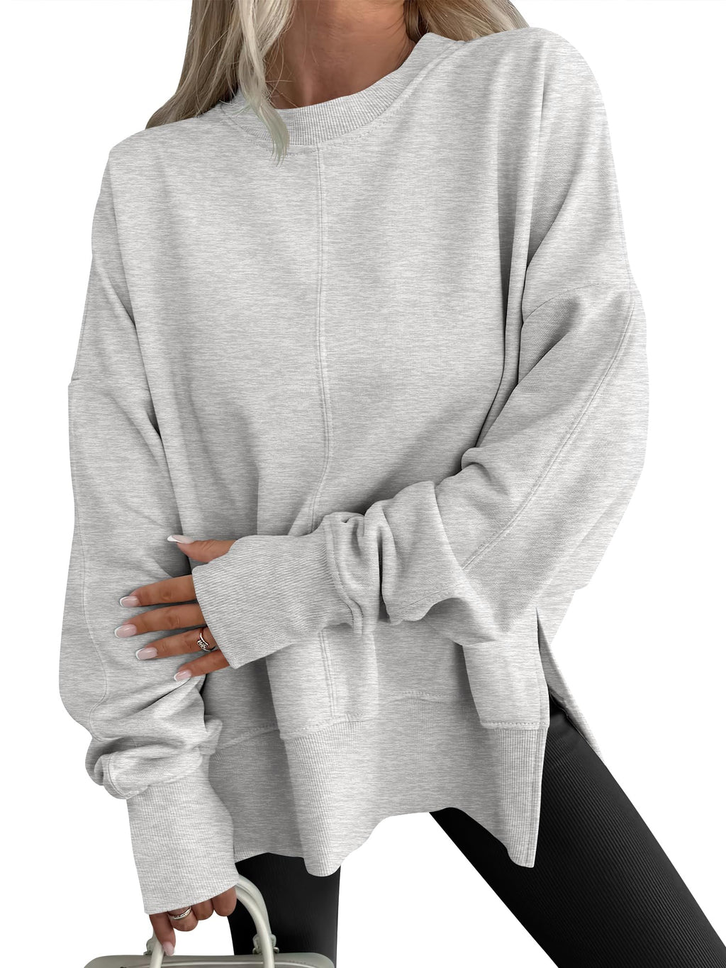ANRABESS Women Oversized Sweatshirts Thumbhole Long Sleeve Hoodies Shirts 2025 Fall Side Slit Pullover Top Teen Y2k Outfits Grey Small