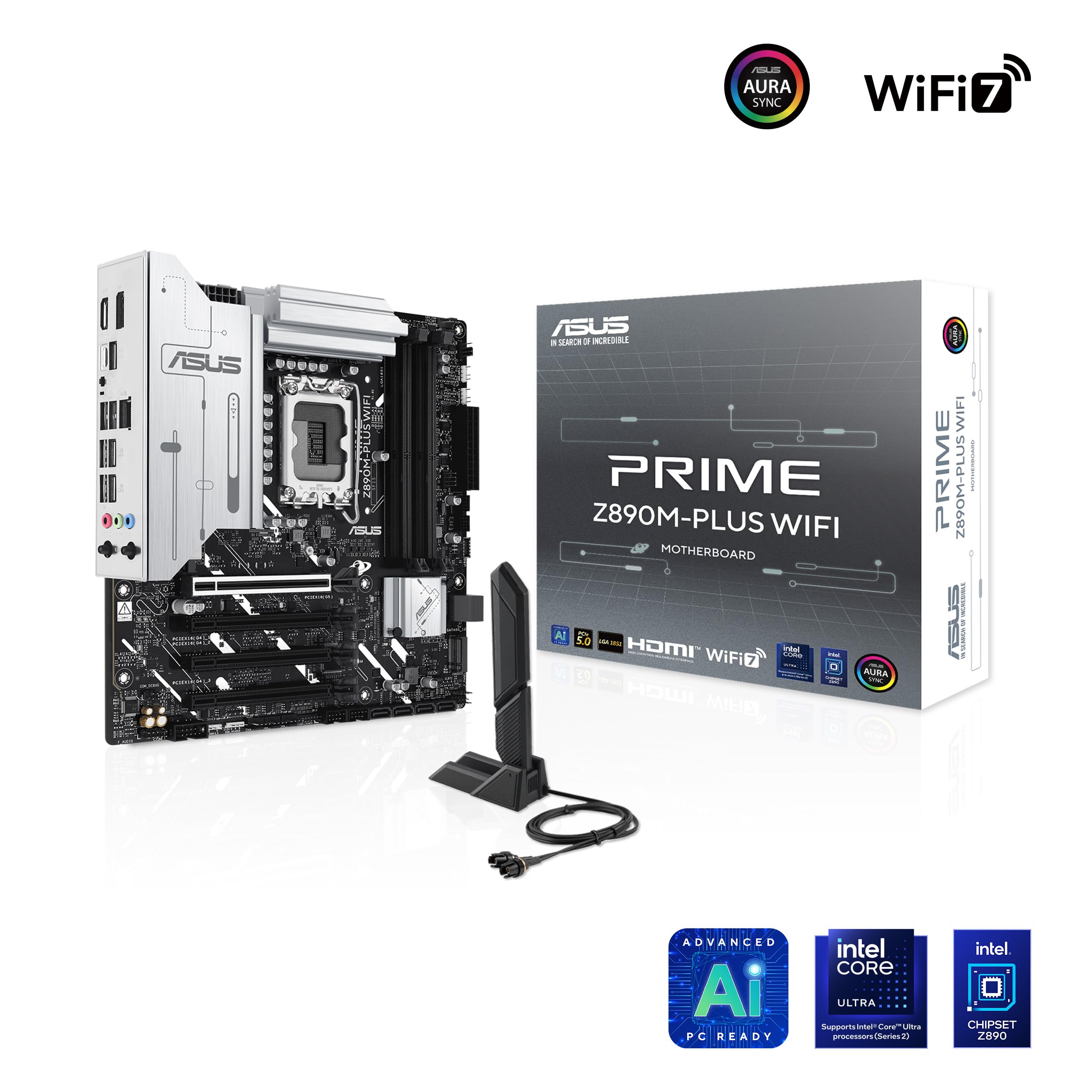 ASUS Prime Z890M-PLUS WiFi Z890 LGA 1851 mATX Motherboard, Intel® Core™ Ultra Series 2 Ready, Advanced AI PC-Ready, 10+1+2+1 80A Power Stages, DDR5, PCIe® 5.0, USB Type-C®, 3X M.2, Wi-Fi 7, 2.5Gb LAN