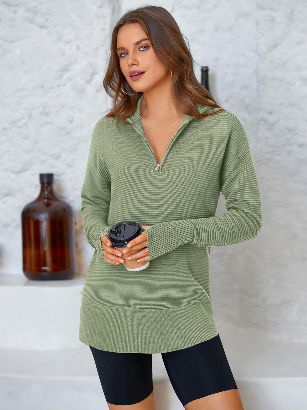 PRETTYGARDEN Womens Long Sleeve Quarter Zip Pullover Sweater Casual Loose V Neck Collared Ribbed Knit Jumper Tops Thumb Hole(Grey Green,Small)