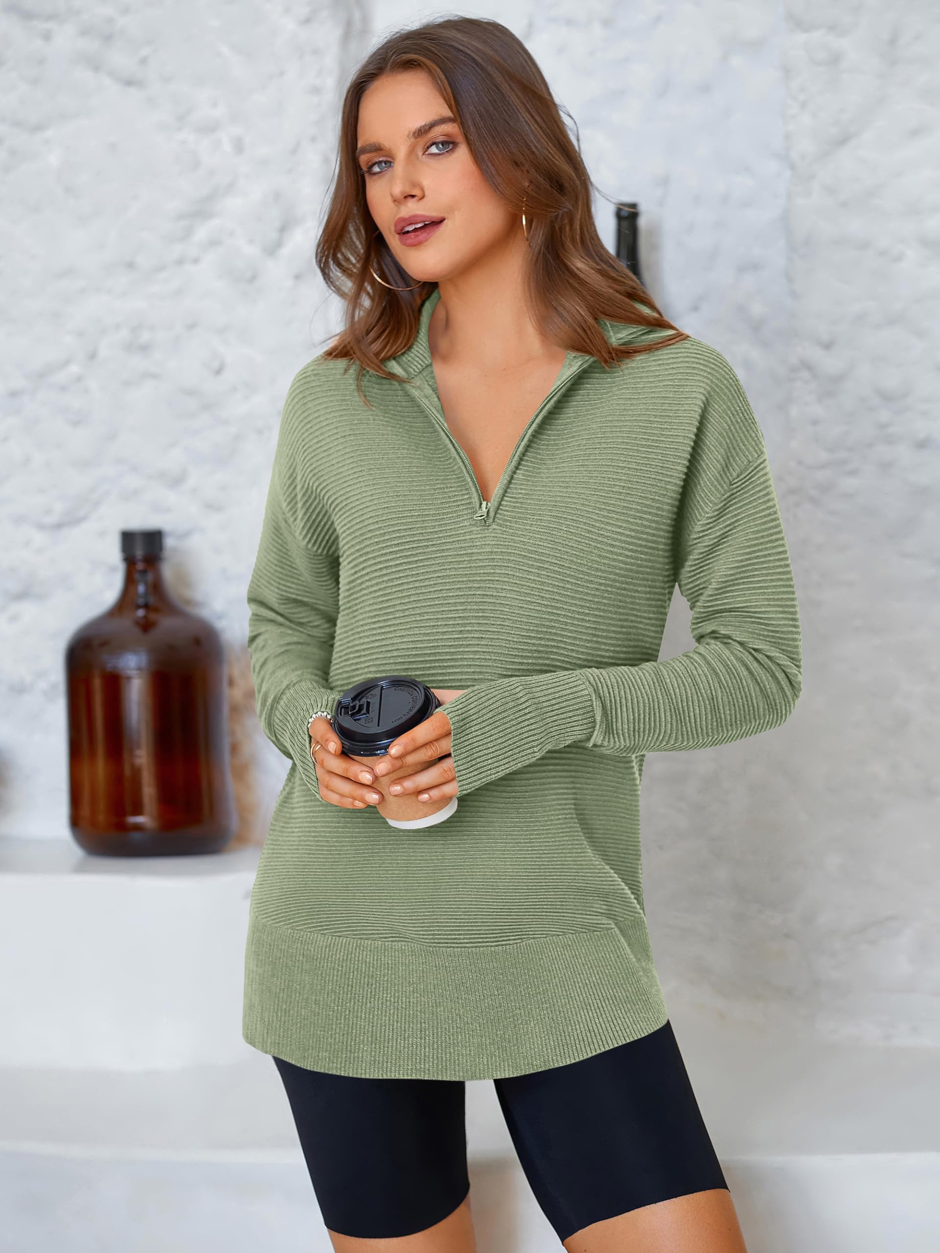 PRETTYGARDEN Womens Long Sleeve Quarter Zip Pullover Sweater Casual Loose V Neck Collared Ribbed Knit Jumper Tops Thumb Hole(Grey Green,Small)