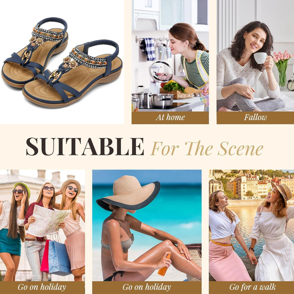 Littleplum Womens Sandals Arch Support Bohemian T-Strap Flower Rhinestone Sandals Women's Non Slip Summer Beach Flat Sandals Blue Size 8