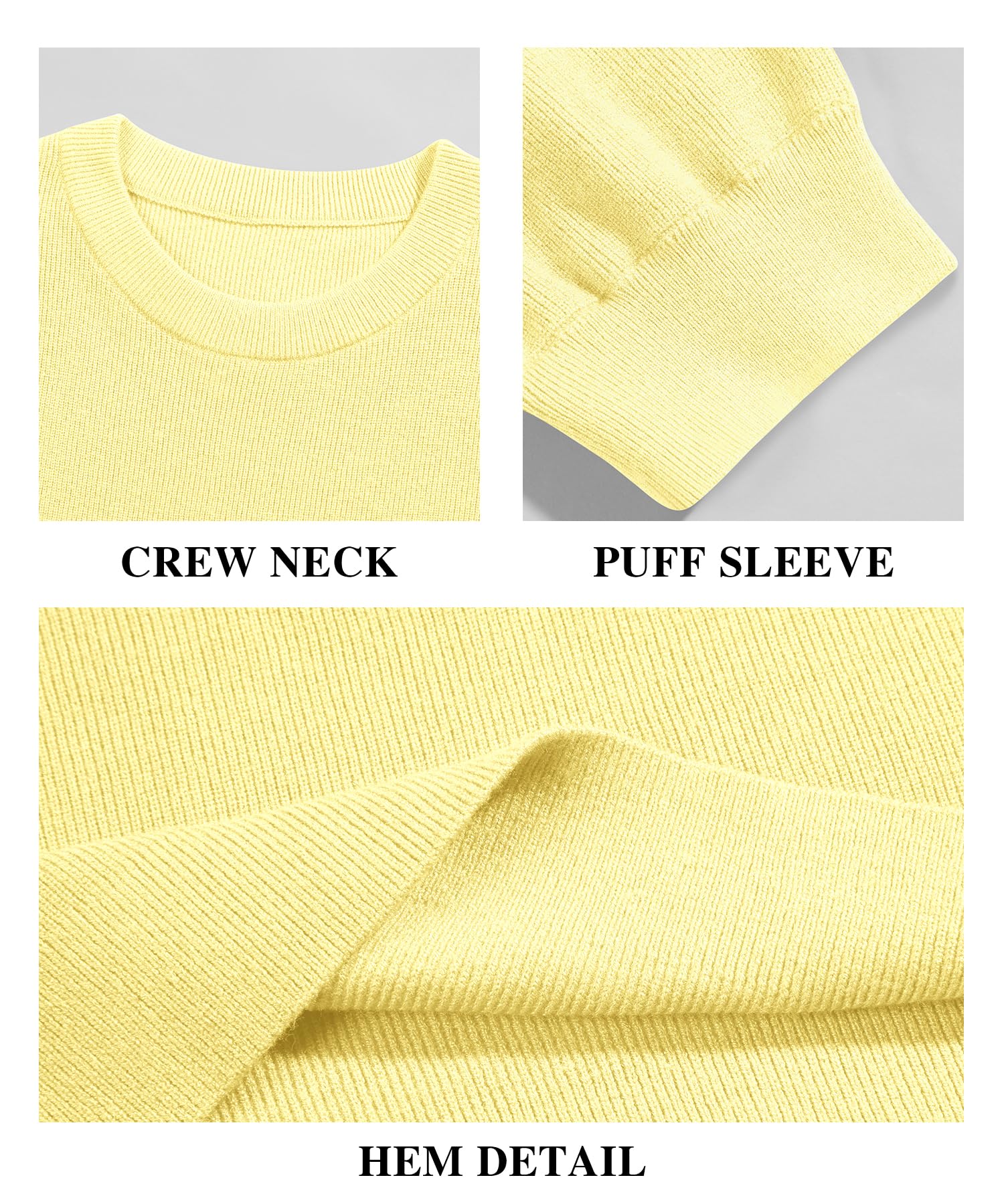 Bodosalia Womens Puff Short Sleeve Sweater Casual Summer Crew Neck Pullover Tops Ribbed Knit Sweater Blouse Yellow