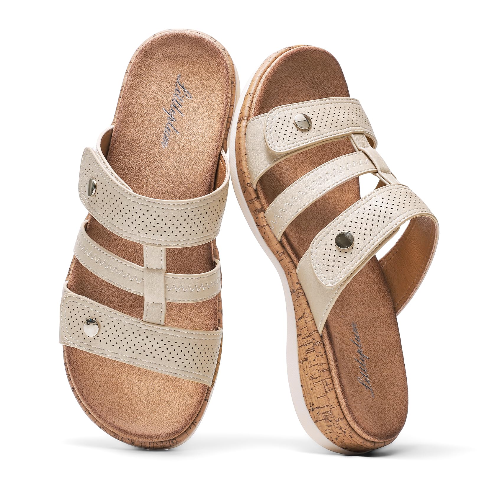 Littleplum Women Slides Sandals Arch Support Open Toe Walking Comfy Low Wedge Slides Adjustable Summer Shoes for Beach,Travel Apricot Size 9