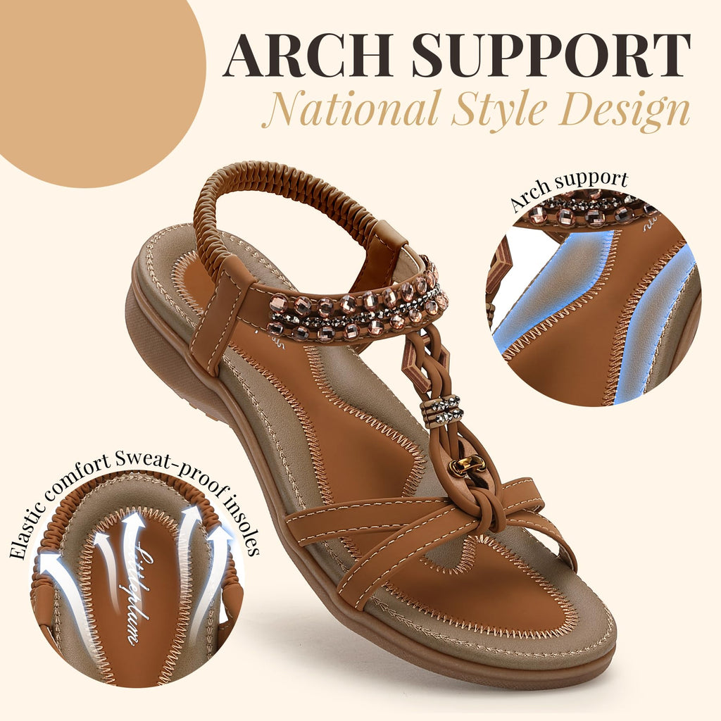 Littleplum Womens Sandals Arch Support Slingback Rhinestone Dressy Sandals Comfort Summer Shoes Ankle Strap Elastic Flats for Beach Walking Stylish Brown Size 8.5