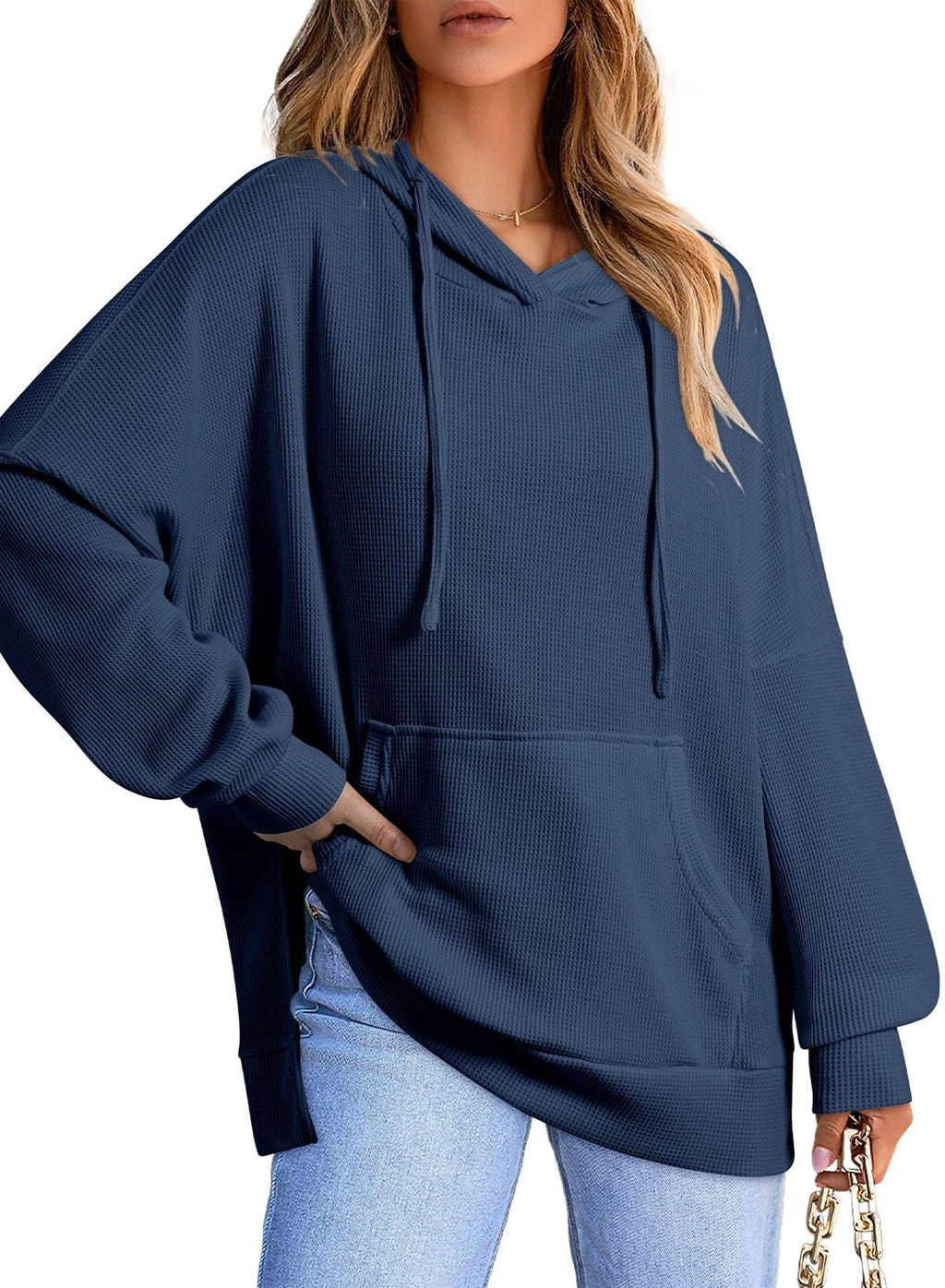 Dokotoo Women Ladies Hoodies Oversized Long Sleeve Sweatshirt for Women 2025 Fashion Plus Size Waffle Knit Winter Clothes Hooded Sweatshirts Casual Loose Hoodie with Pocket Dark Blue Medium