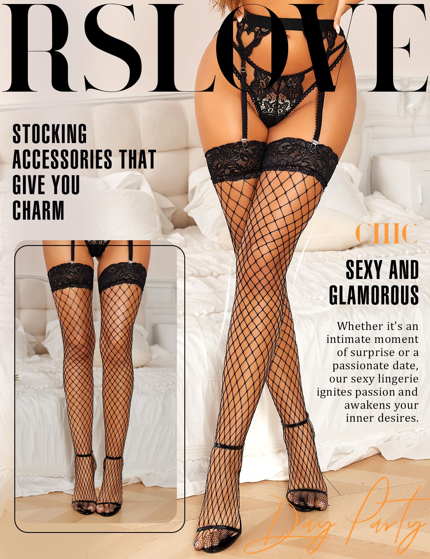 RSLOVE Lace Top Fishnet Thigh High Stockings - Sexy Stockings for Women Antiskid Silicone Stay Up Pantyhose Black