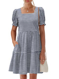 ANRABESS Women Summer Square Neck Puff Short Sleeve Mini Dress 2026 Casual Flowy Striped Sundress Beach Vacation Clothes with Pockets Navy Blue White Striped X-Large