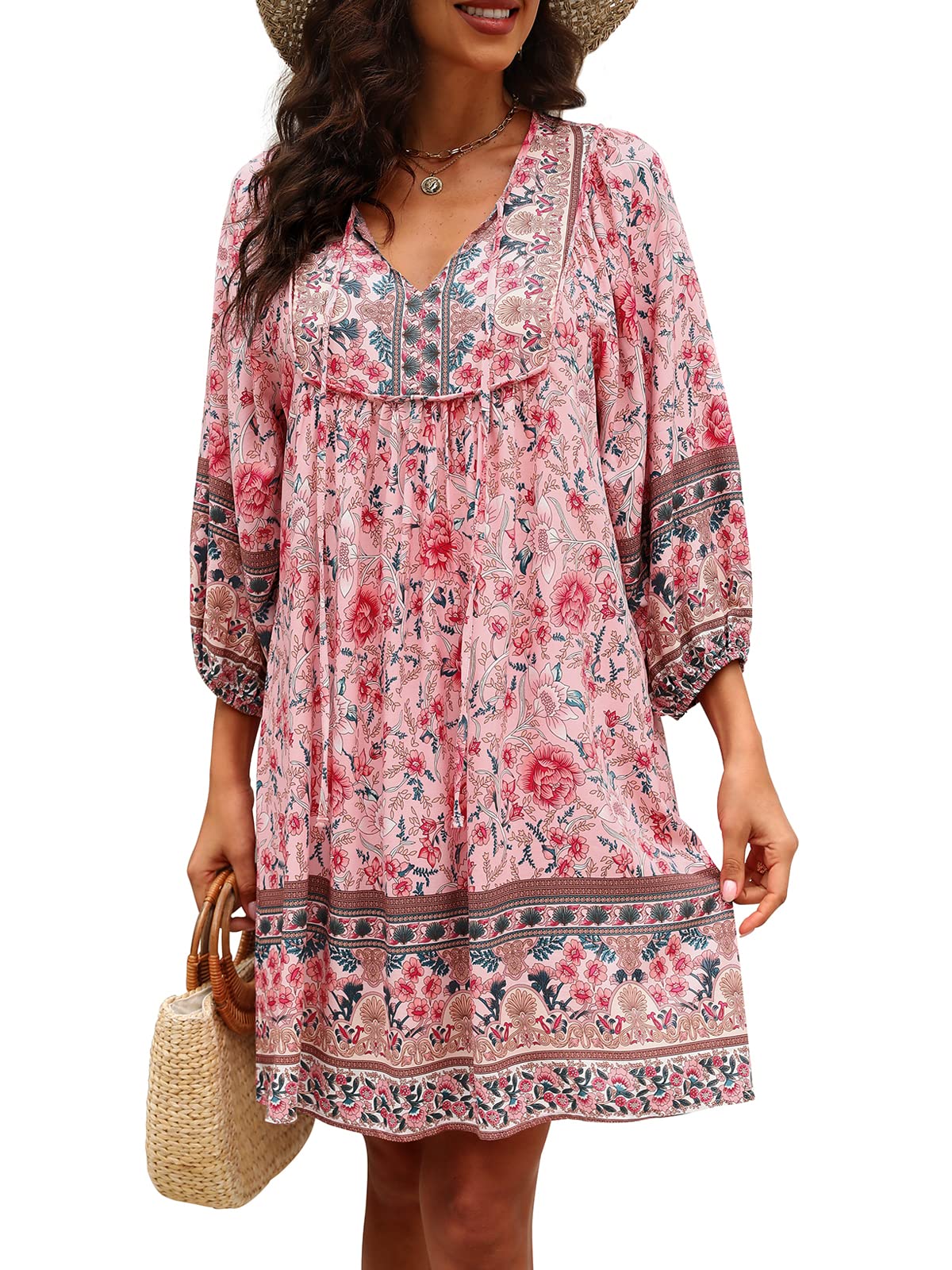 Qearal Boho Dress for Women Summer Casual Cute V Neck 3/4 Sleeve Mini Dress Pink XL
