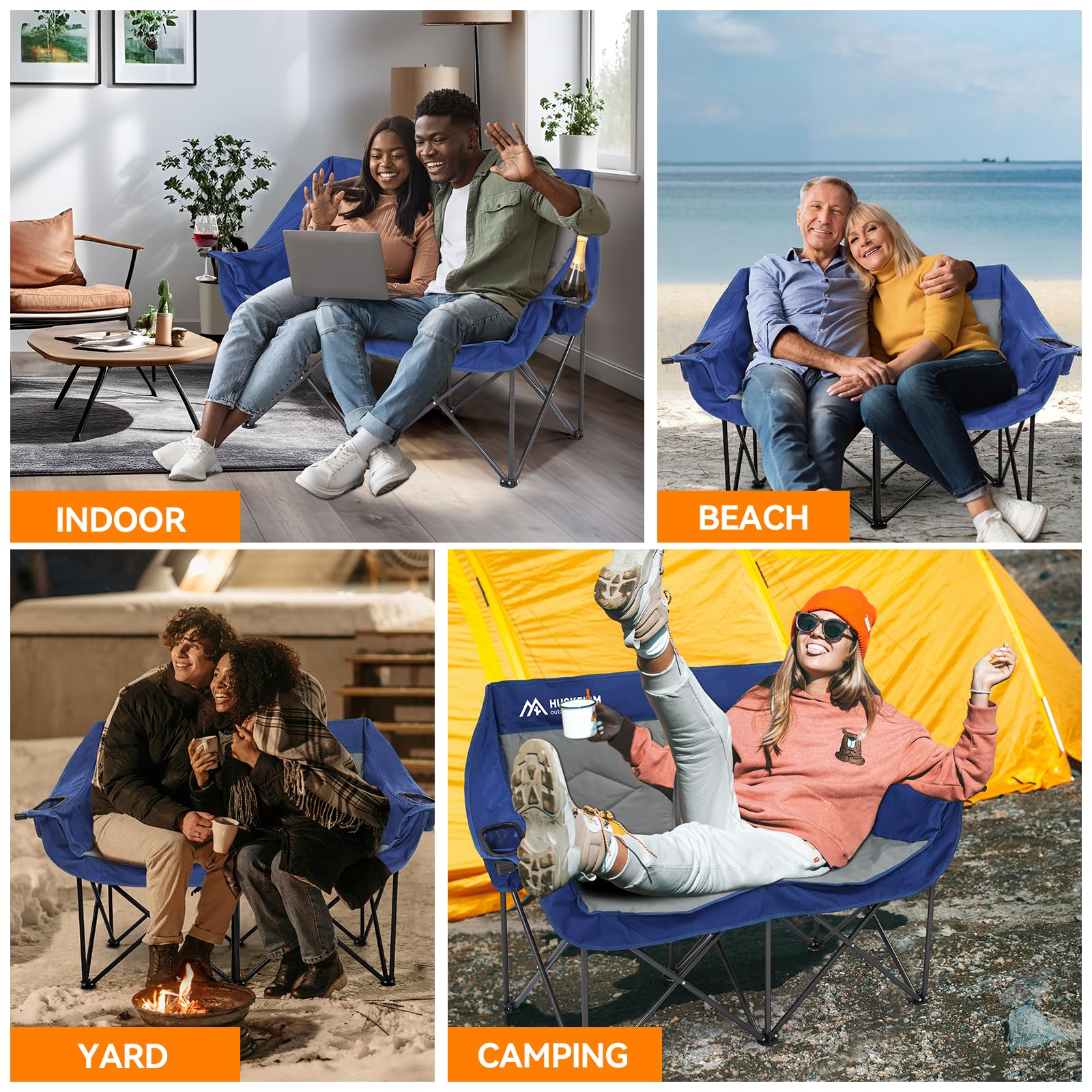 Double Camping Chairs Oversized Loveseat - 2 Person Camping Chair Portable Lawn Folding Chair for Outside Adults - Heavy Duty Outdoor Camping Couch with Cup Hold, Blue