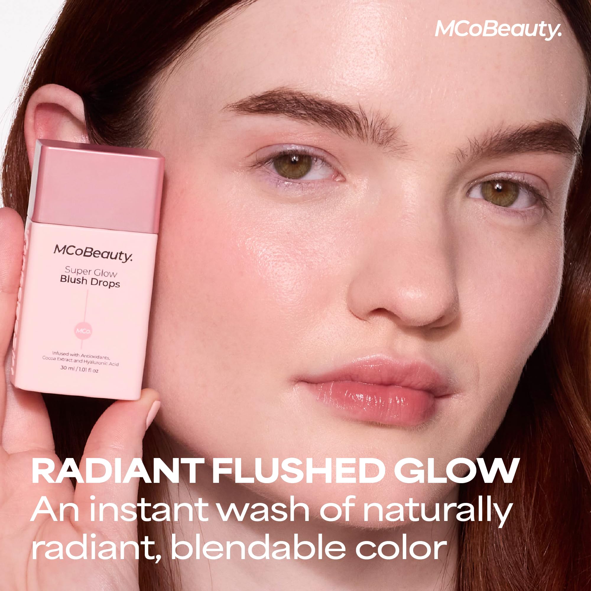 MCoBeauty Super Glow Blush Drops - Blush Pink - Liquid Cheek Color - Buildable Warm Flush with Jojoba Oil Hyaluronic Acid Cocoa Extract White Tea Antioxidants - Vegan & Cruelty Free