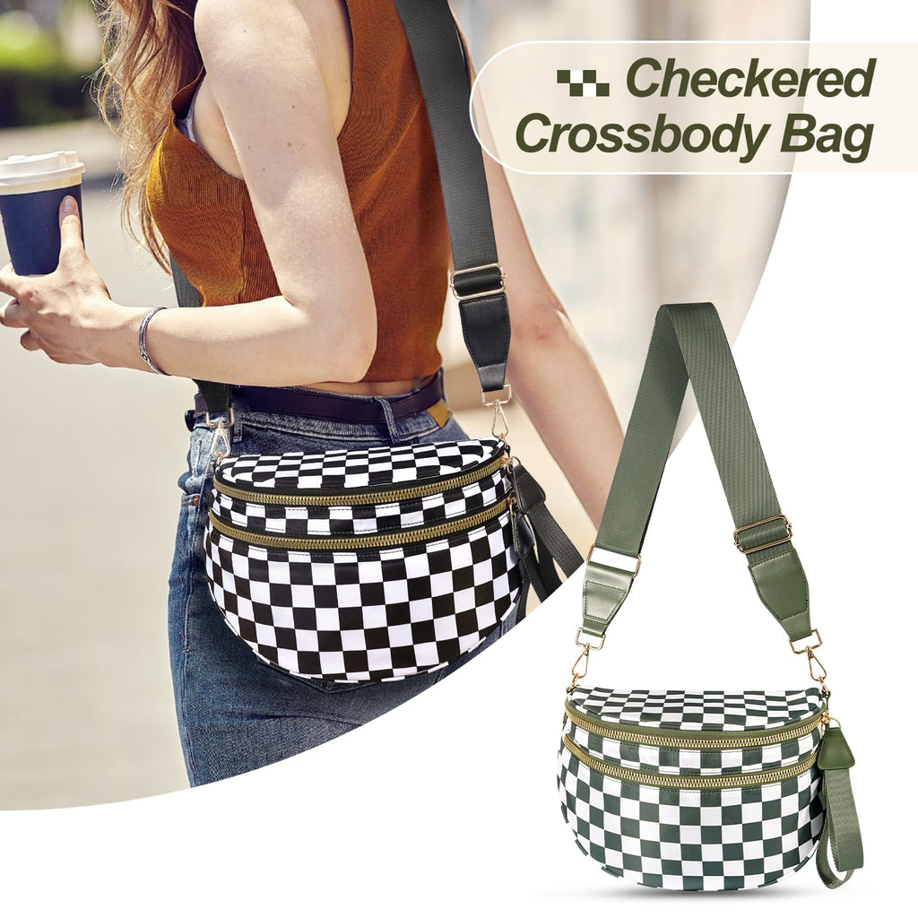 idoltimes Checkered Crossbody Bag,Nylon Bum Bags for Women Crossbody,Spacious Sling Bag Purse Fanny Packs with Shoulder Strap