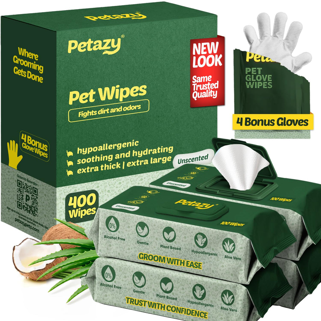 Petazy 400 Dog Wipes for Paws and Butt Ears Eyes | XL 8x8 Organic Pet Wipes for Dogs | Unscented Dog Wipes Cleaning Deodorizing | Extra Thick Paw Wipes for Dogs Cats Pets | Bonus Glove Wipes Included