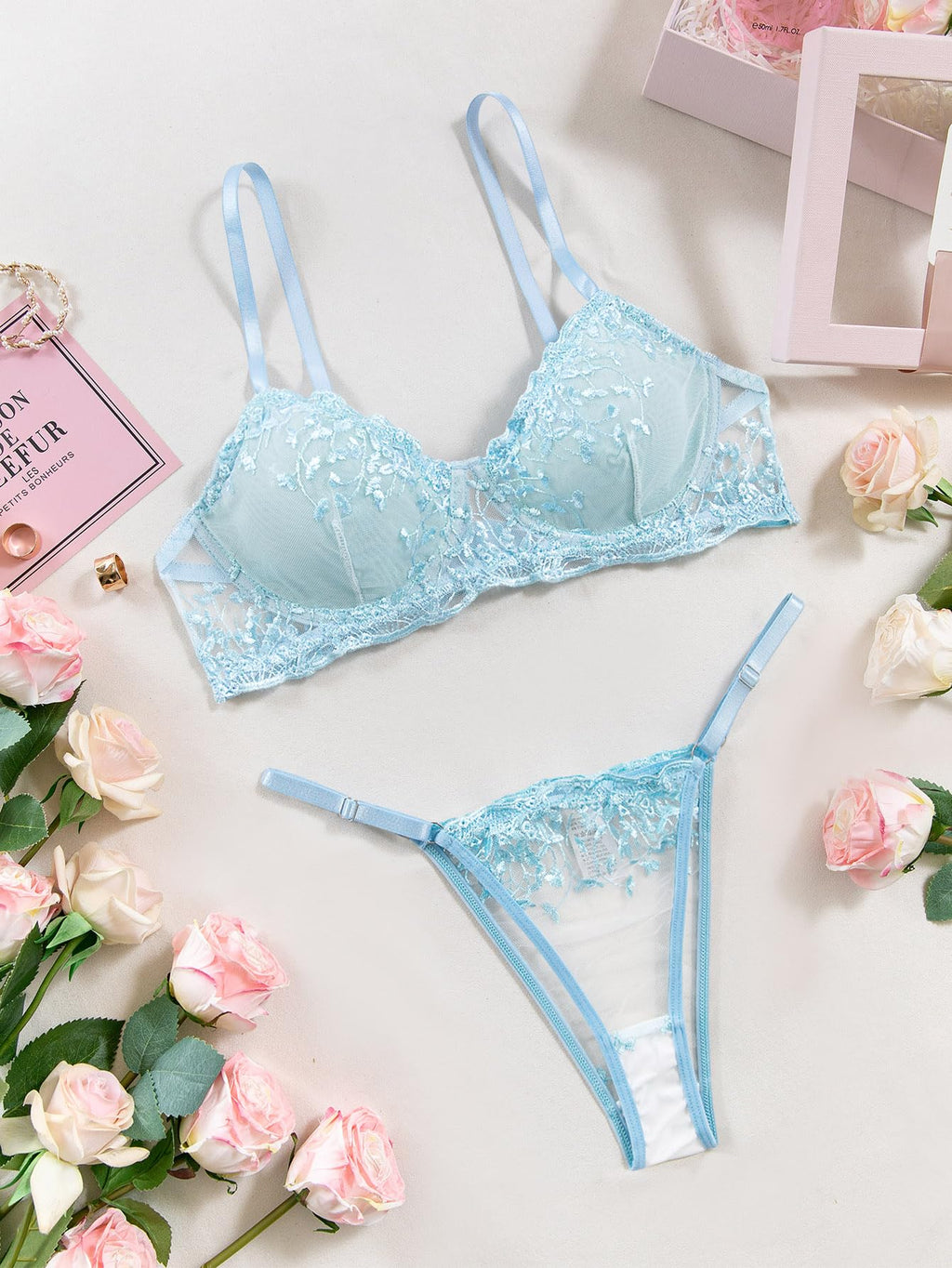 Lilosy Petite Sexy Leaf Floral Embroidered Mesh Sheer Women Underwire Push Up Lingerie Set See Through Cute Bra Panty 2 Piece Flower Light Blue 3X-Small