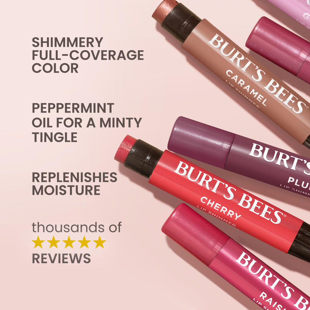 Burt's Bees Shimmer Lip Tint Set for Valentine's Day Gifts, Tinted Lip Balm Stick, Moisturizing for All Day Hydration with Natural Origin Glowy Pigmented Finish & Buildable Color, Caramel (4-Pack)